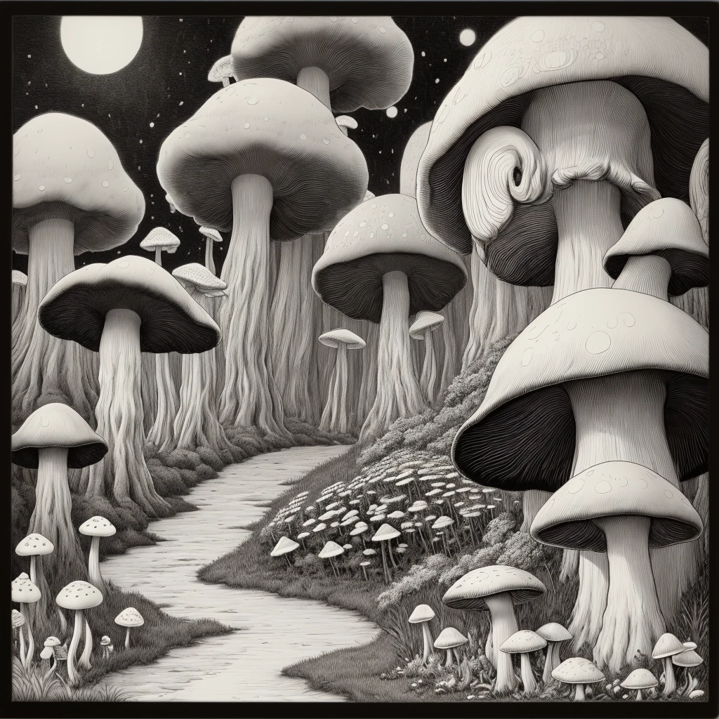 print, art, mushrooms, monochrome, thick line, studioghibli, line art, studioghibli