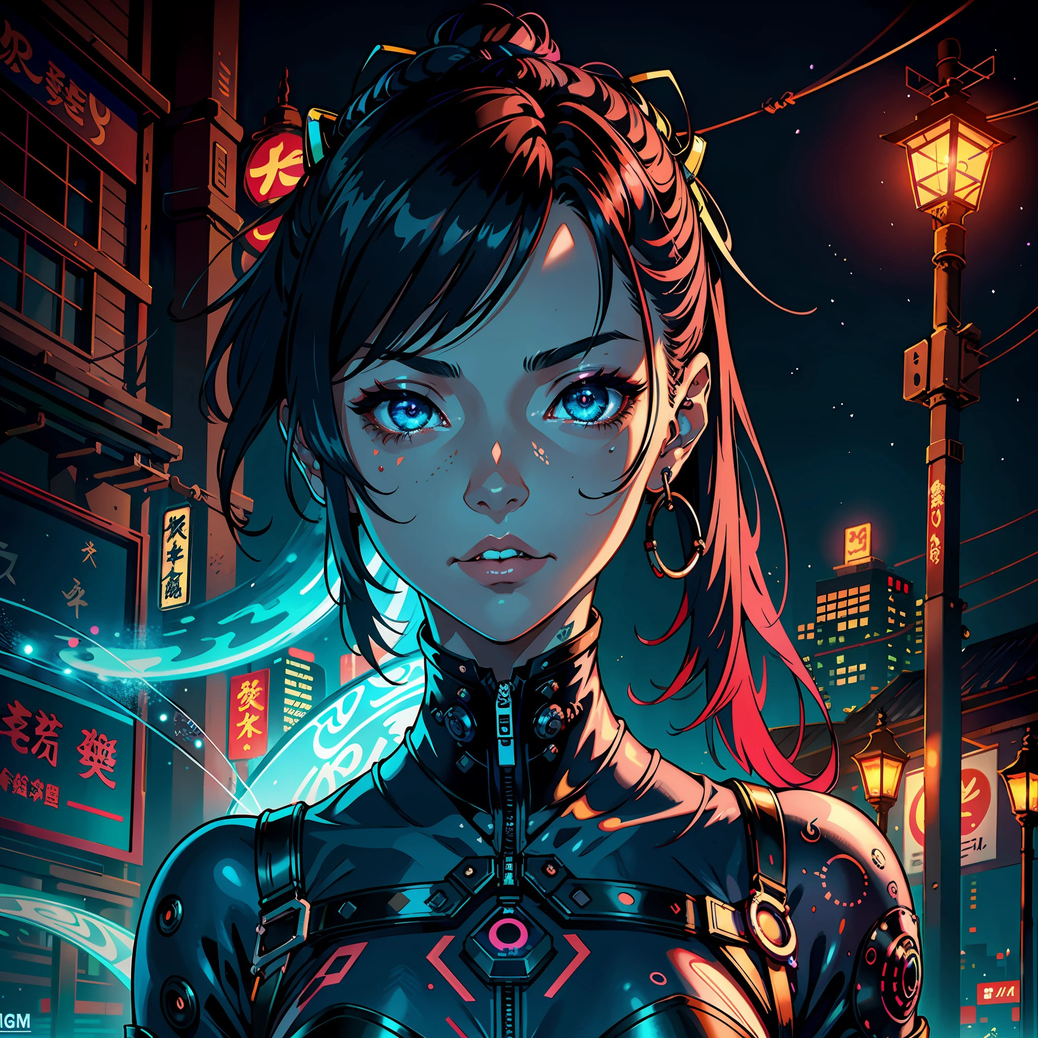 1girl, solo, one girl , tattoo, futuristic outfit, neon samurai, very beautiful cyberpunk samurai, cyberpunk samurai, style of ghost blade, victo ngai cyberpunk style, neon cyberpunk style, cyberpunc, neon cyberpunk, technomancer, video game character, synthwave image, cyberpunk voodoo, neon glow concept art,moon, lantern, night, solo, outdoors, sky, full moon, rain, mountain, cloud, paper lantern, night sky, bangs, tree, reflection, cloudy sky, {{(masterpiece),(extremely detailed CG unity 8k wallpaper),best quality,solo,cinematic lighting,detailed background,beautiful detailed eyes,bright pupils, (an extremely delicate and beautiful),(Beautiful and detailed eye description),ultra-detailed,masterpiece,}}, detailed eyes, beautiful eyes, realistic eyes, nice eyes, perfect eyes, tattoos