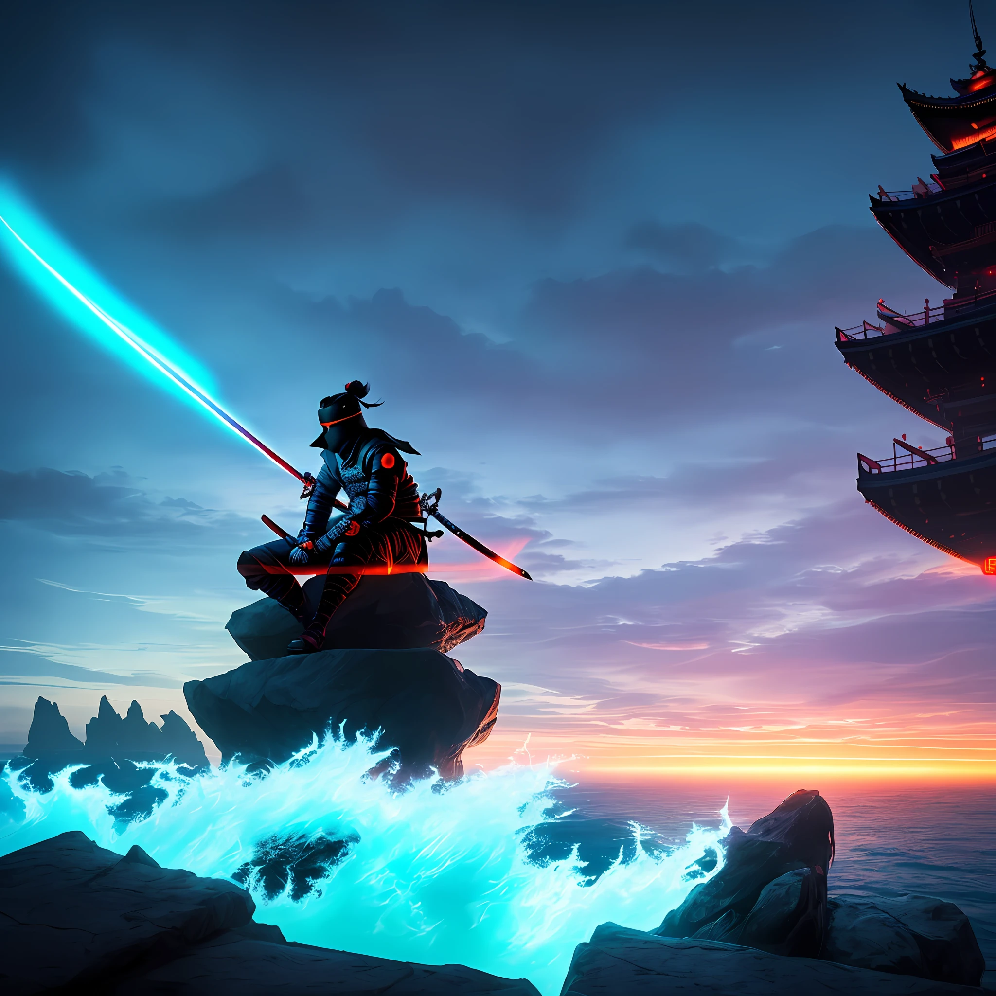 A samurai ninja sitting on the edge of a ship، glowing sword, sea, clouds, dawn, night, amber, ultra wide angle, full body shot, dreamy glow, flare, glowing neon