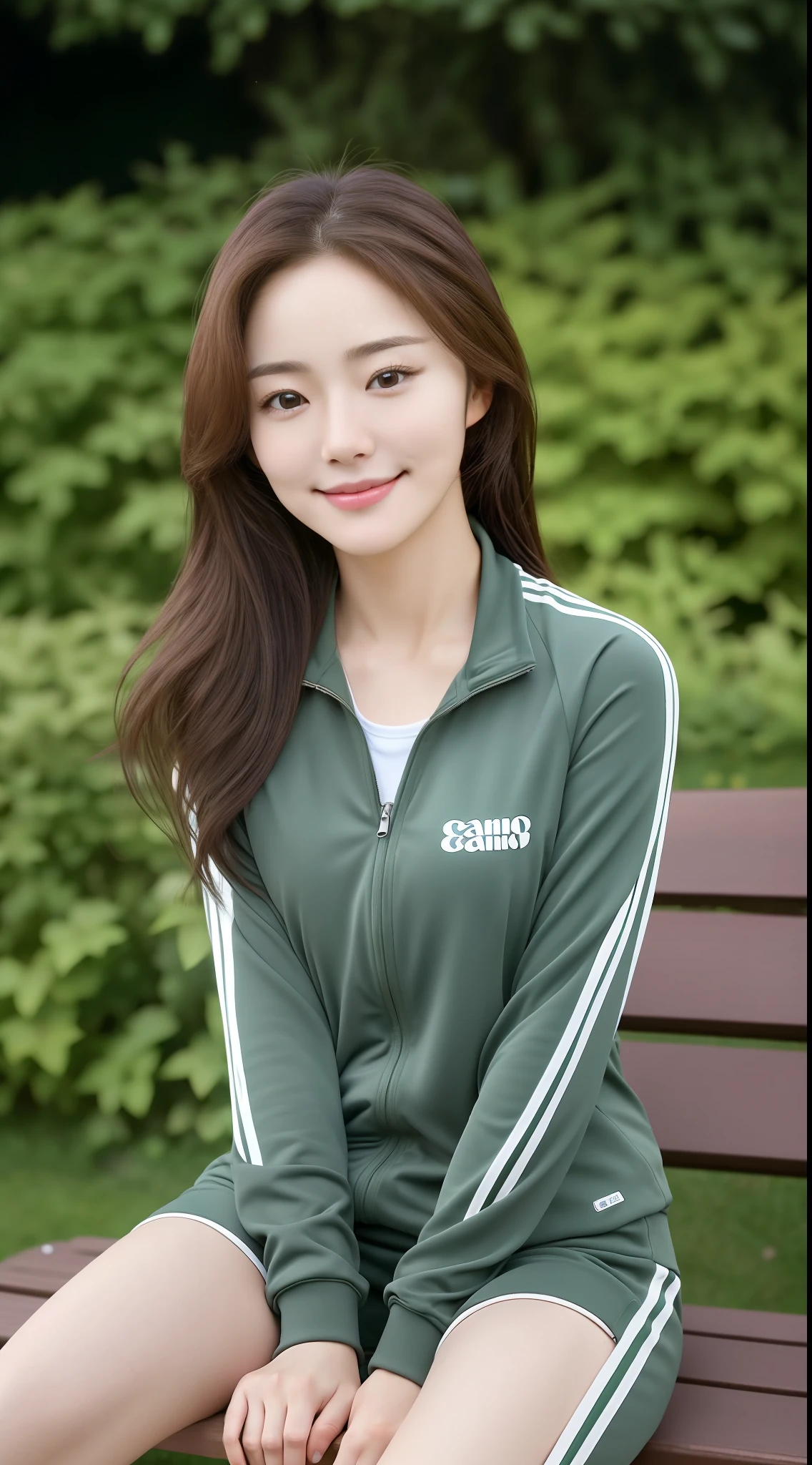 Lifelike photos of (No. 1 cute Korean actress) Long hair, smooth face, light makeup, medium breasts. Wearing track suit , Little Smile, sitting on a bench in the garden, Canon EOS 35mm Lens 8K high-resolution face, crisp and realistic details Close up