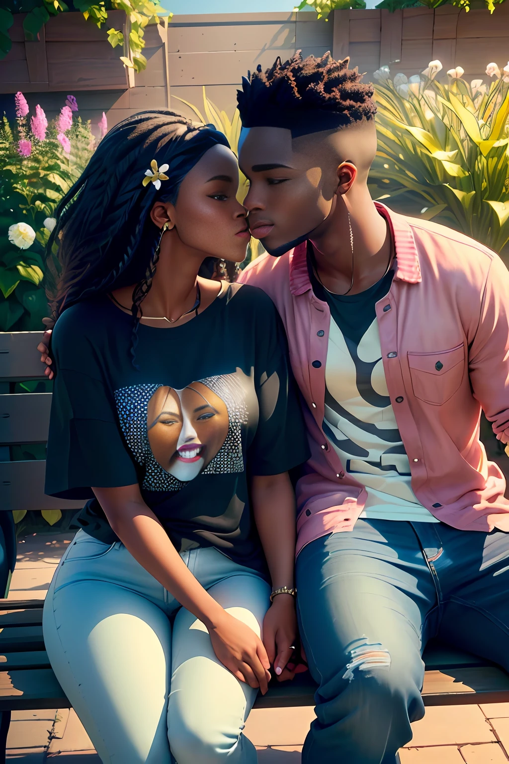 realistic portrait of cute man and woman embracing, african american ([dark skin color]), couple, ((kissing)), wearing patterned t-shirt and jeans, current fashion, kanekalon hair, one bench background close-up garden, product view, detailed facial details, perfect face, trend art, sharp facial details, cgsociety, ultra-quality digital art, hyper-exquisite details, 4k, 8k soft lighting, dreamy, fashion, rendering by unreal engine -