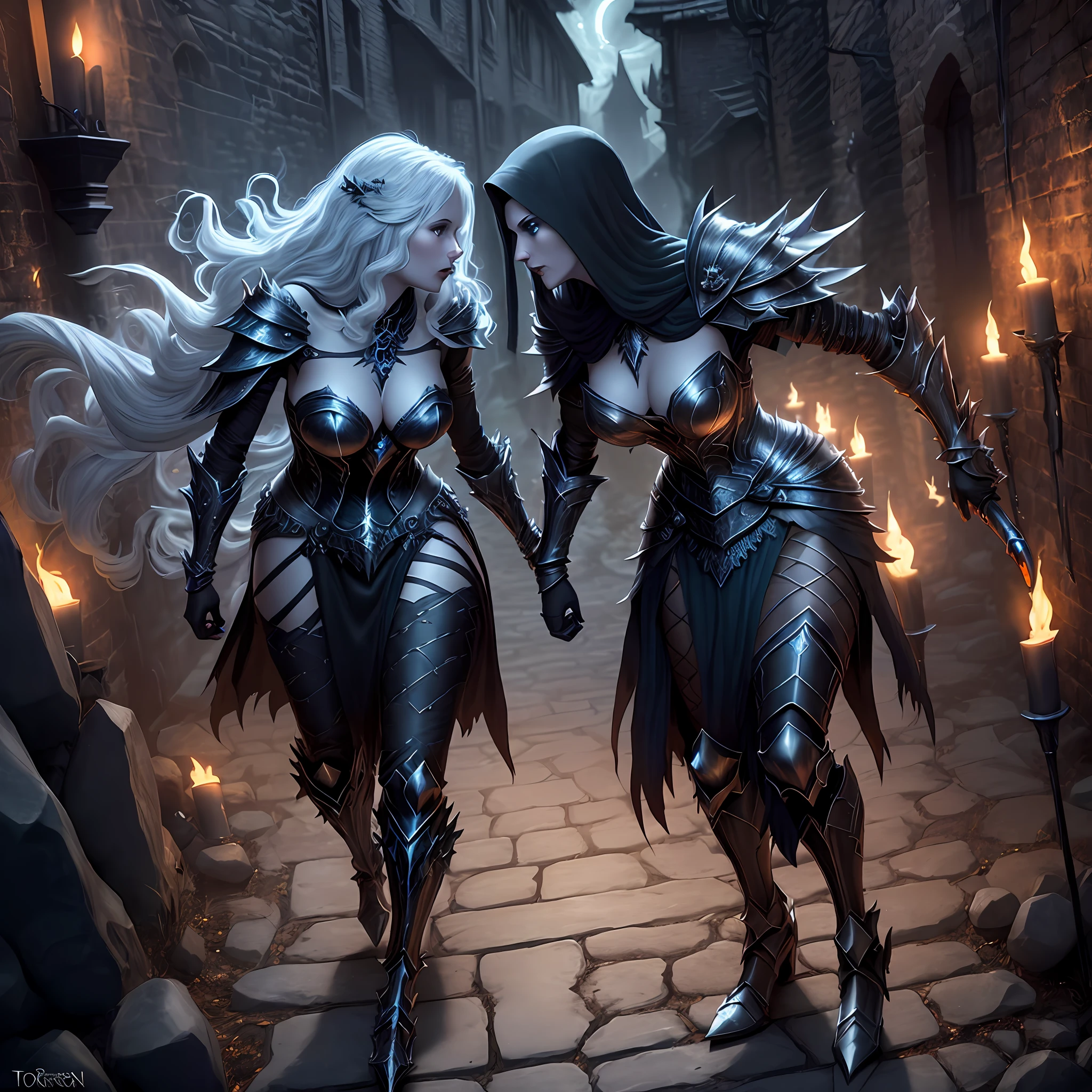 sexy sorceress in engraved skeletal onyx metal dress armor fighting with the werewolf in a dark alley at night, there are some torches flaming and lighting the scene, some crawlers lurking around, fantasy, dark fantasy, high details, very detailed, blue hollow on the background