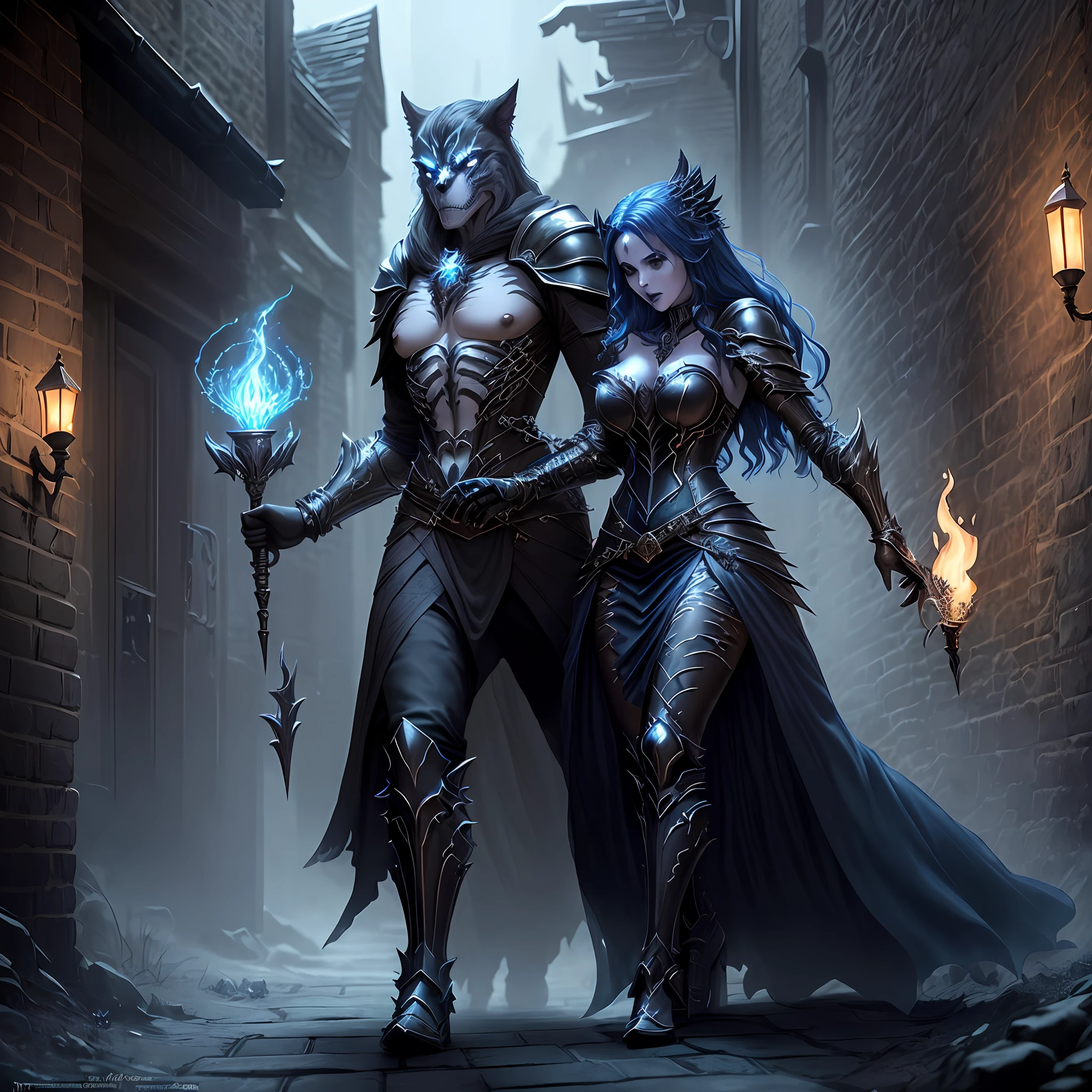 sexy sorceress in engraved skeletal onyx metal dress armor fighting with the werewolf in a dark alley at night, there are some torches flaming and lighting the scene, some crawlers lurking around, fantasy, dark fantasy, high details, very detailed, blue hollow on the background