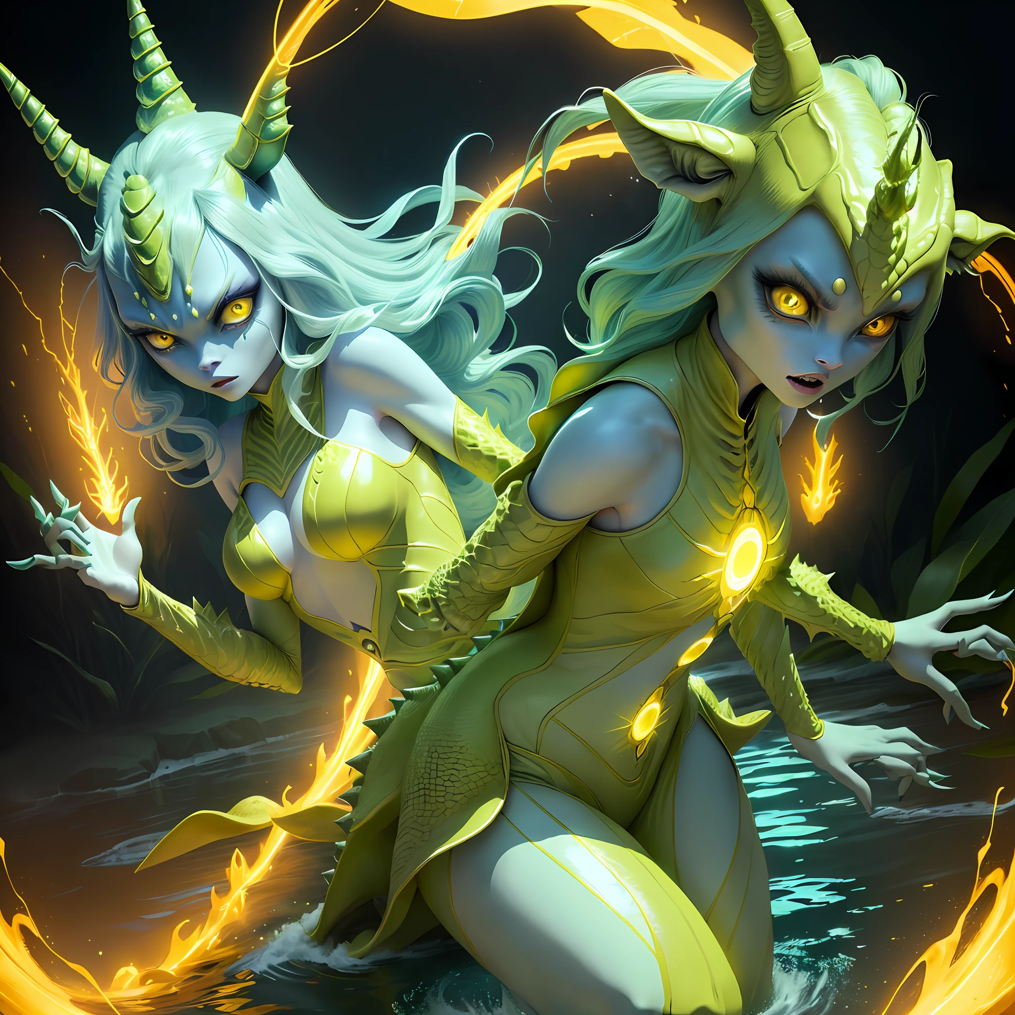 Female alien in crocodile skin, anthropomorphic avatar, large eyes, unicorn, no ears, pointed mouth, slender fingers, eyes flashing with yellow light, three hands, looks fierce, the background is a wide surface of water, flashing, glowing plants