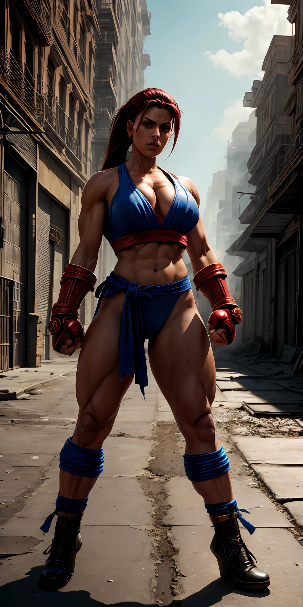 street fighter woman character concept (( super strong )), masterpiece, best quality, ultra-detailed, ground, destroyed city background, shadows, contrast, clear sky, analog style (look at viewer:1.2) (skin texture) (film grain:1.3), ultra-high resolution, octane render, 16k