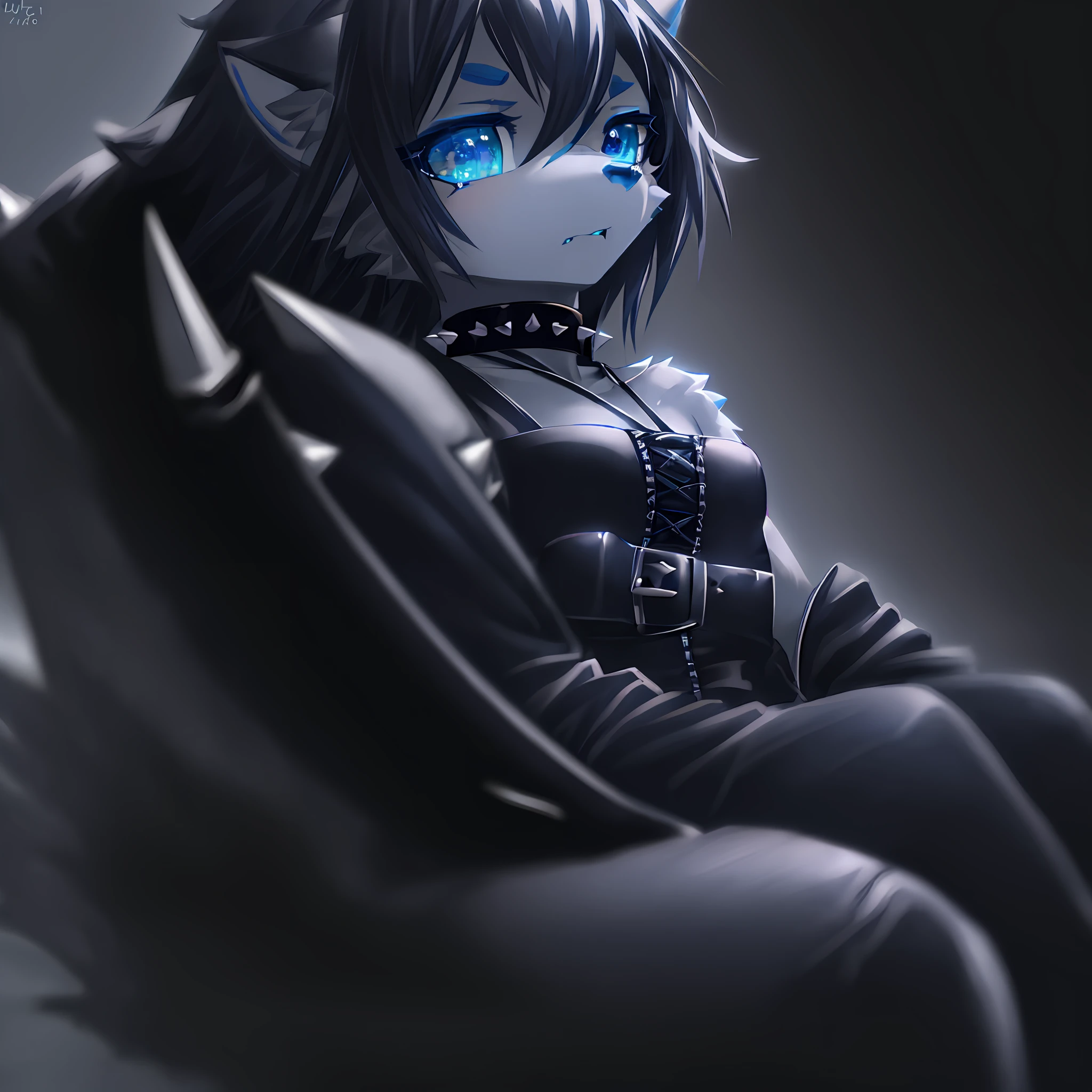 Cute Wolf,With Detailed Eye And Perfect Blue,With Plain Black Dress,Choker Spikes,Detailed Gothic Boot,With Moody Expression,High Resolution,Ultra,HD,4K,8K