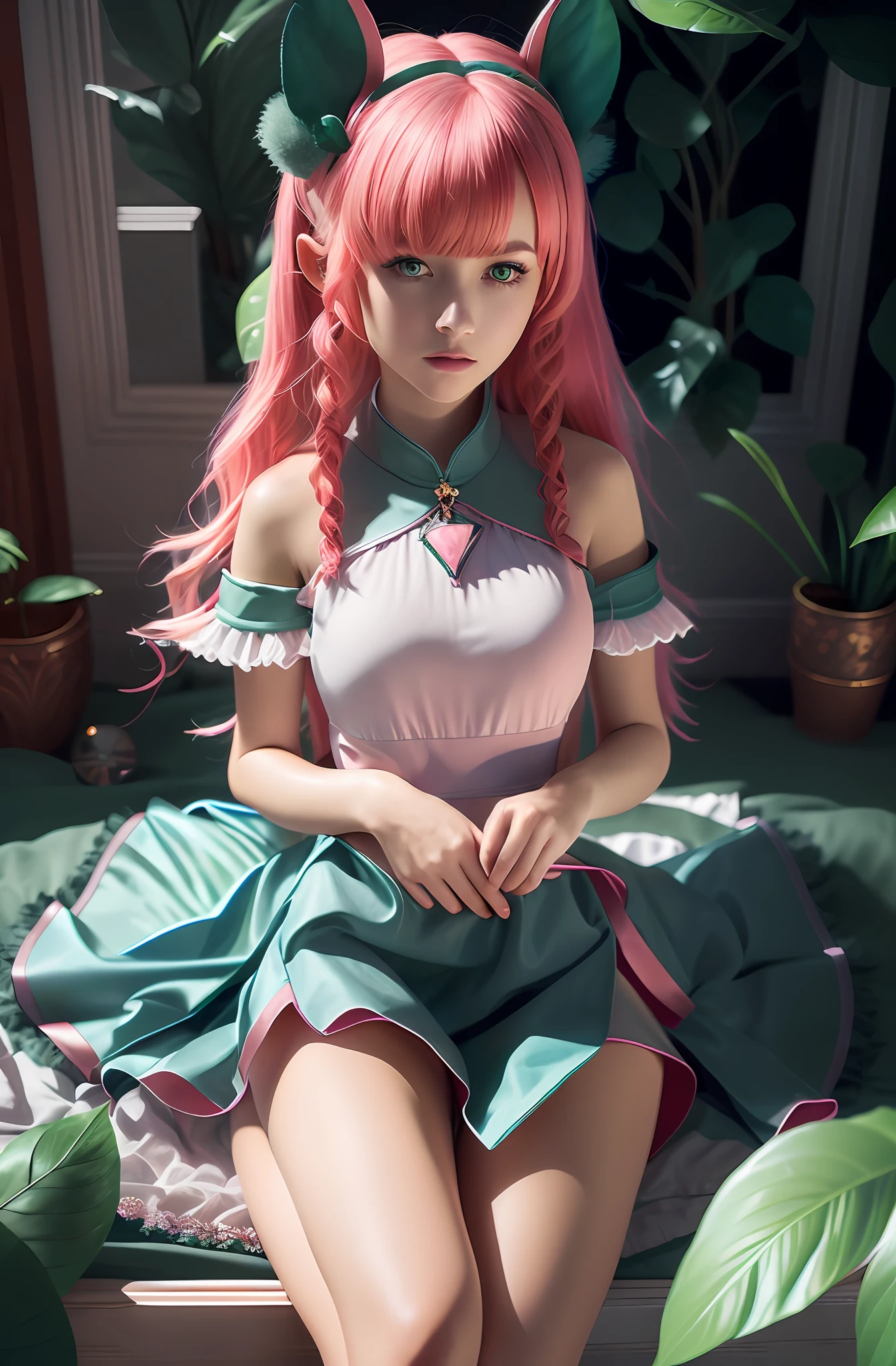 girl with pink hair and green ears sitting on a bed, 8k high quality detailed, deviantart artstation cgscosiety,, detailed digital ,8 k, fantasy,, realistic, masterpiece, best quality, ultra-detailed, detailed, scenery, beautiful detailed eyes, detailed hair,