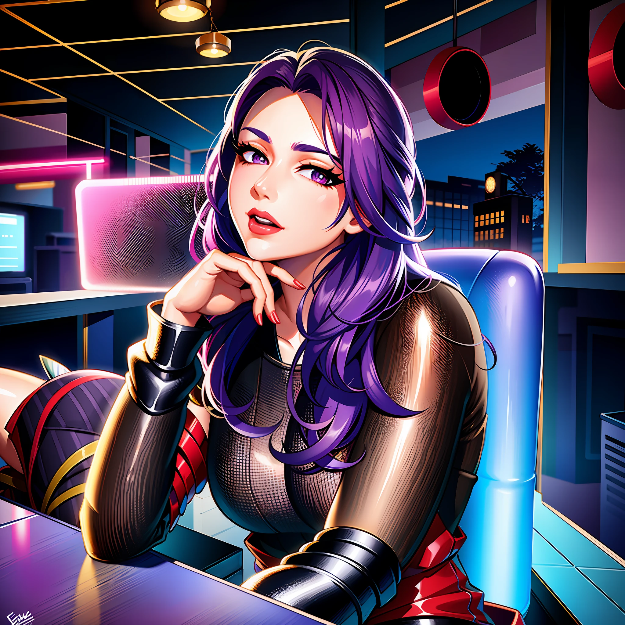 (masterpiece),(best quality:1.0), (ultra highres:1.0), detailed illustration, 1 girl, raiden shogun theme, inazuma, genshin impact, hand on chin, pretty face, detailed face, pretty eyes, purple eyes, purple pupils, detailed eyes with highlights, purple hair, detailed hair, slight red lips, detailed lips, pretty lips, purple kimono, purple, vibrant, anime style, japanese style, best quality