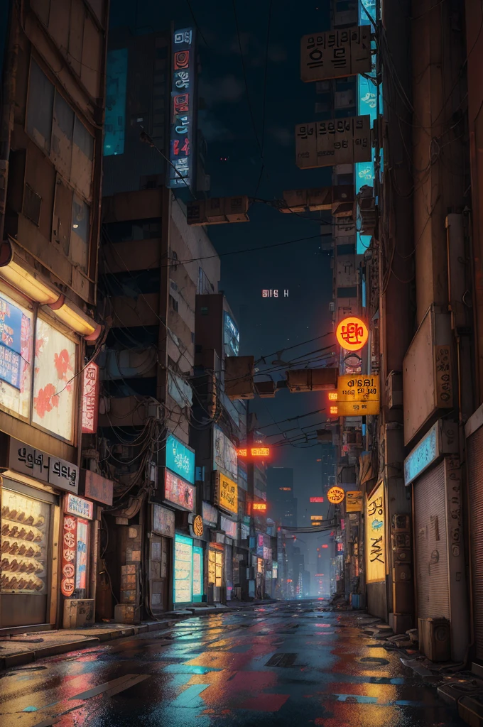 lonely ally in Seoul, cyberpunk city from sci-fi movie, empty street, night, Korean, Korean signs, old shops, cozy, circuit boards, wires, intricate, hyper-detailed, realistic, ultra-realistic, high quality, best, ultra detail, crazy detail, extremely detailed, photo realism, 8k