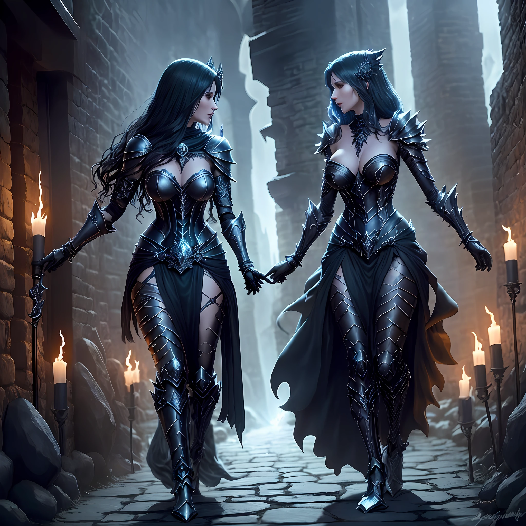 sexy sorceress in engraved skeletal onyx metal dress armor fighting against the werewolf in a dark alley at night, there are some torches flaming and lighting the scene, some crawlers lurking around, fantasy, dark fantasy, high details, very detailed, blue hollow on the background