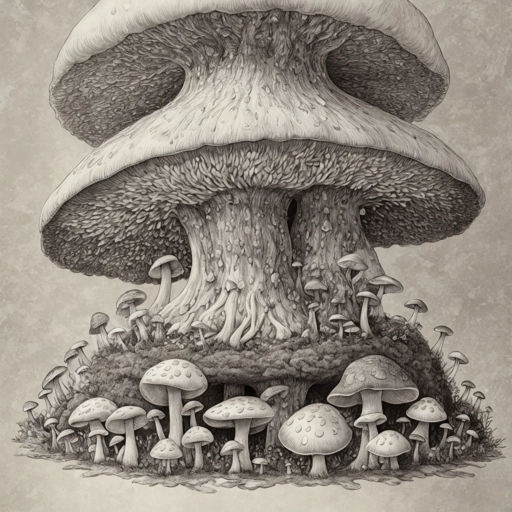 there is a drawing of a mushroom with a lot of mushrooms, highly detailed illustration, giant mushrooms, made of mushrooms, giant mushroom, highly detailed illustration.", mushroom, very detailed illustration, ultra detailed illustration, mushrooms, mushroom city, mushroom trees, forest made of mushrooms, mushroom forest, cubensis, highly detailed illustration, high detail illustration, hyper detailed illustration, Thick line illustration, inspired by Studio Ghibli, illustration with few lines, only black and white color.