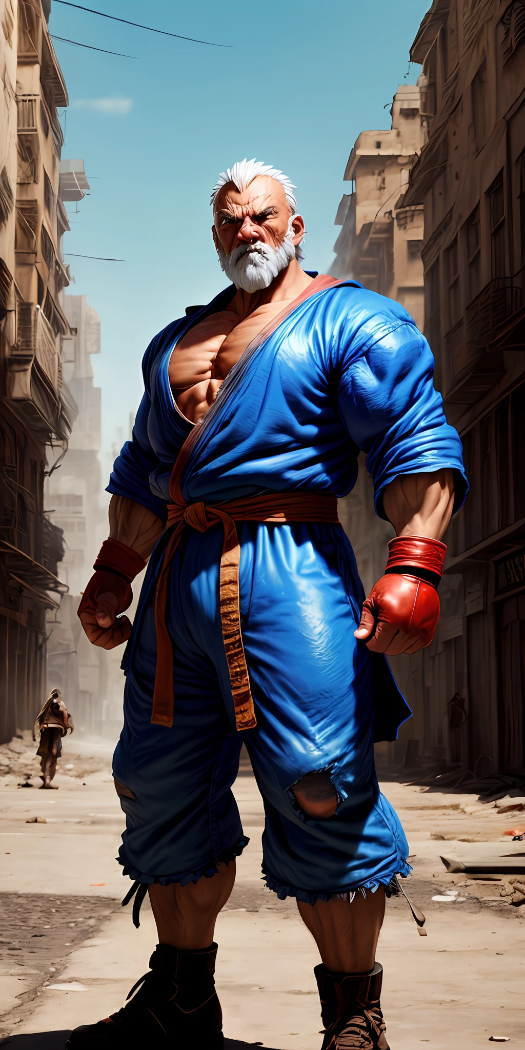street fighter old man character concept (( super strong )), masterpiece, best quality, ultra-detailed, ground, destroyed city background, shadows, contrast, clear sky, analog style (look at viewer:1.2) (skin texture) (film grain:1.3), ultra-high resolution, octane render, 16k
