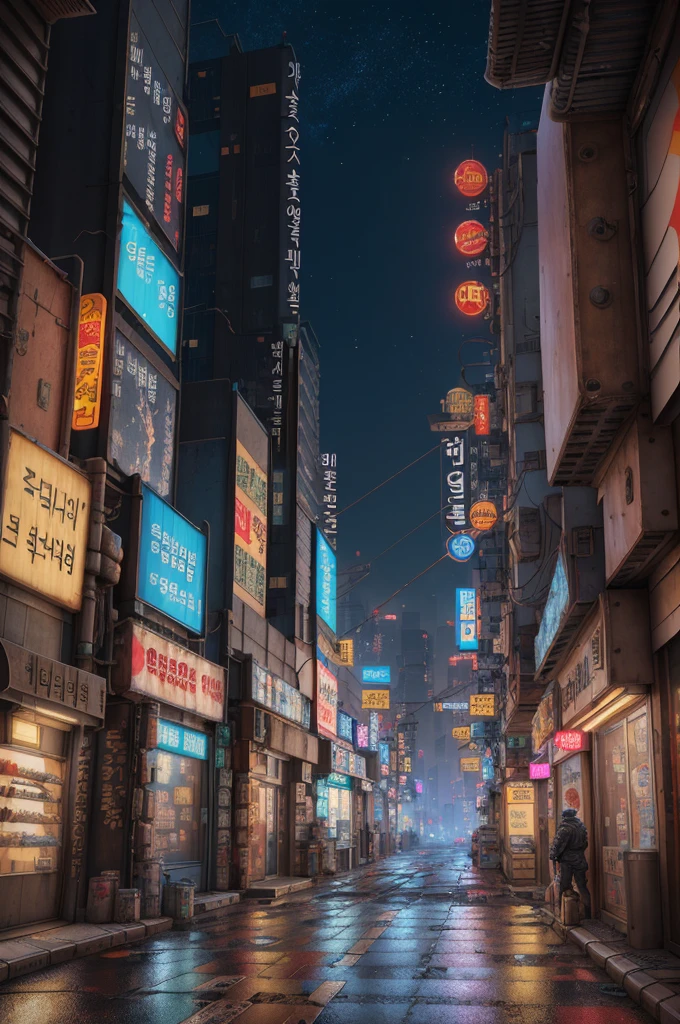 lone ally in seoul, cyberpunk city from a sci-fi movie, city dwellers, night, korean, korean signs, old shops, cozy, circuit boards, wires, intricate, hyper-detailed, realistic, ultra-realistic, high-quality, best, super-detailed, crazy detailing, extremely detailed, photorealism, 8k