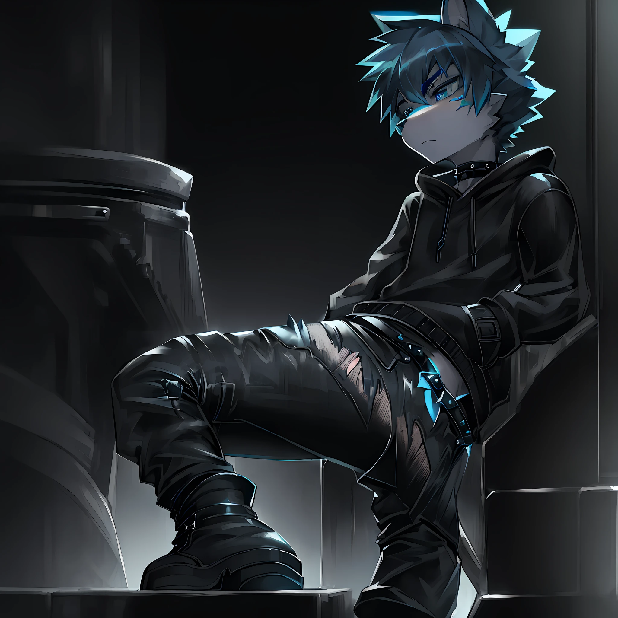 Wolf With Short Hair,Perfect Blue Eye Detailed,Perfect Spike Choker Perfect And Detailed,Sweatshirt Wide And Long Black Straight,Detailed Torn Pants,Boots With Leather Style Shine,With Moody Expression High Resolution,HD,4K,8K