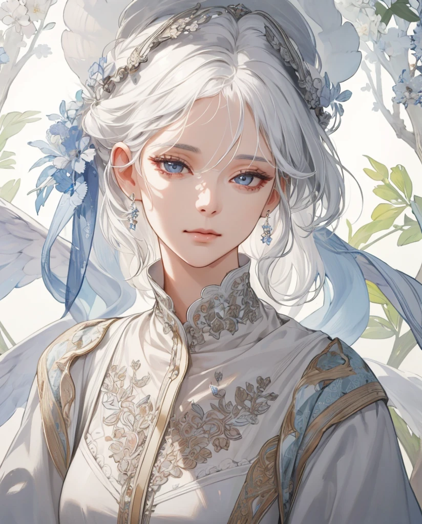 (extremely delicate and beautiful:1.2), 8k,(masterpiece:1.0),(best_quality:1.0), 1girl, mature woman, complex details, enlarged textures, complex details, finely detailed eyes and detailed face, intricate details, white hair, (closed mouth), perfect eyes, equal eyes, (goddess)