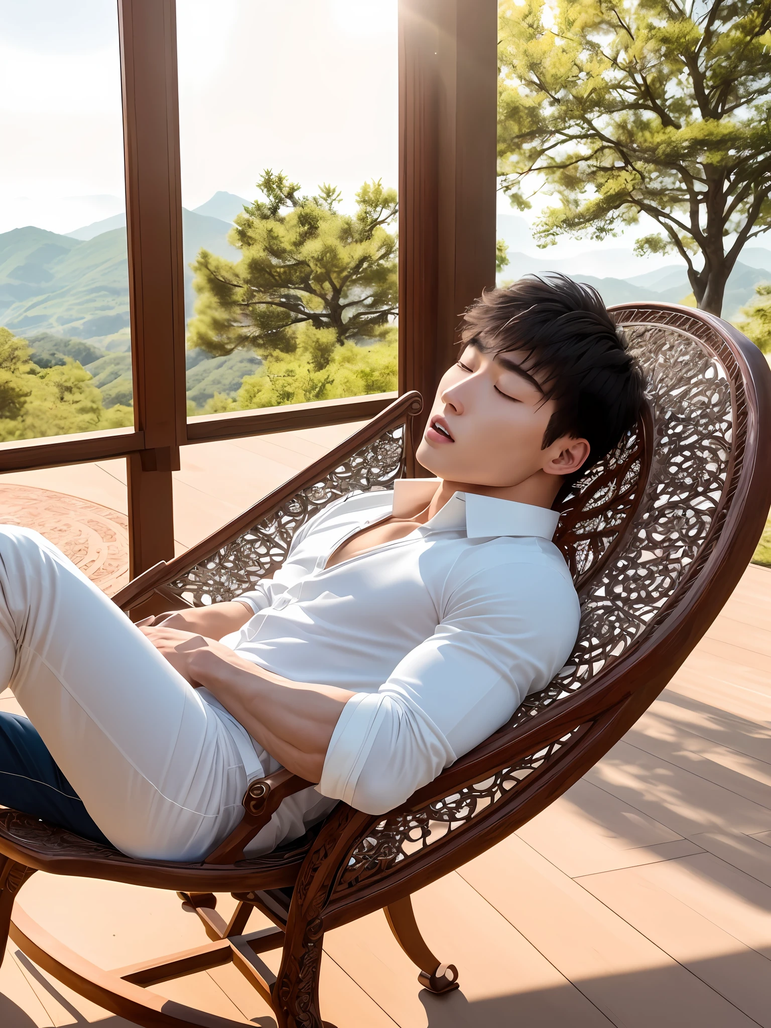 Solo, male focus, (masterpiece, ultra quality, high resolution, 8k, intricate: 1.2), (detailed face:1.2), handsome, Young Korean man ,white skin, double eyelids , detailed skin, 1boy, ((realistic)), abs, good lighting quality, muscle veins, ((pale skin)), (sleeping on chair:1.2), (mouth open:1.2),