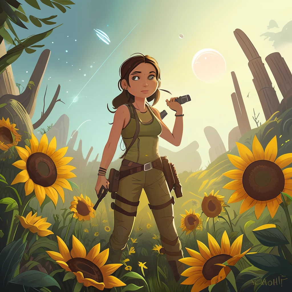 Lara Croft in an ancient ruin, alien planet, space, starfield, Sunflower Field