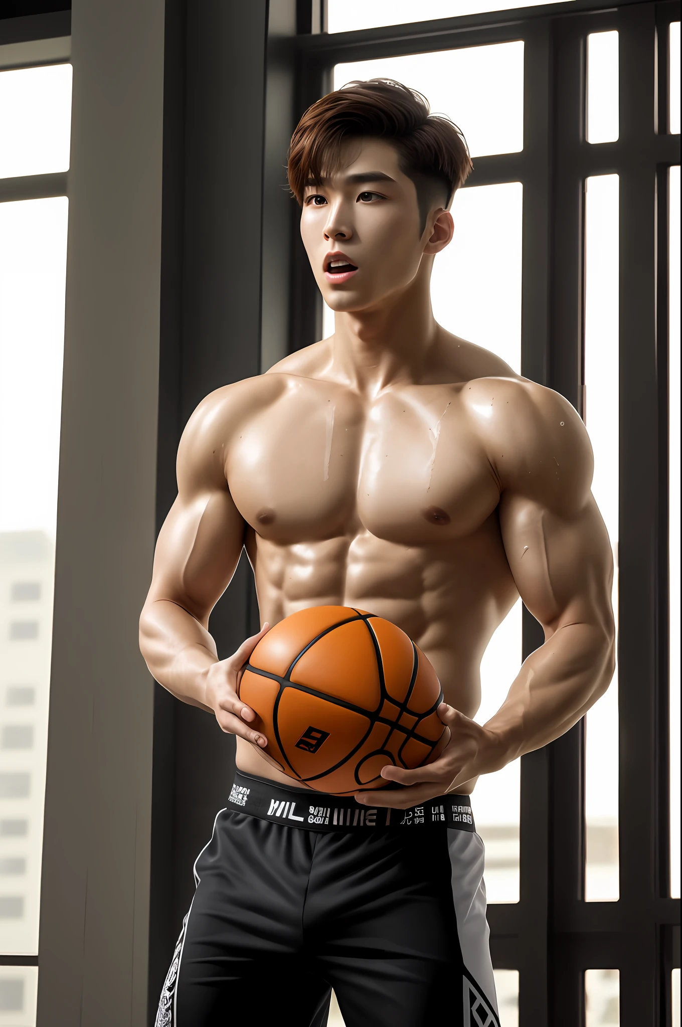 Solo, male focus, (masterpiece, ultra quality, high resolution, 8k, intricate: 1.2), (detailed face:1.2), handsome, Young Korean man ,white skin, double eyelids , detailed skin, 1boy, ((realistic)), abs, good lighting quality, muscle veins, ((pale skin)), (holding basketball:1.2), (sweat:1.3),