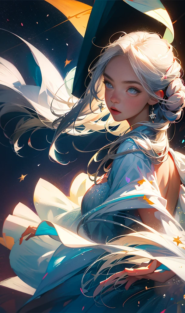 (best quality, masterpiece), 1girl, pose, particles, wind, upper body, simple background, looking at viewer, silver-haired girl, milky way,