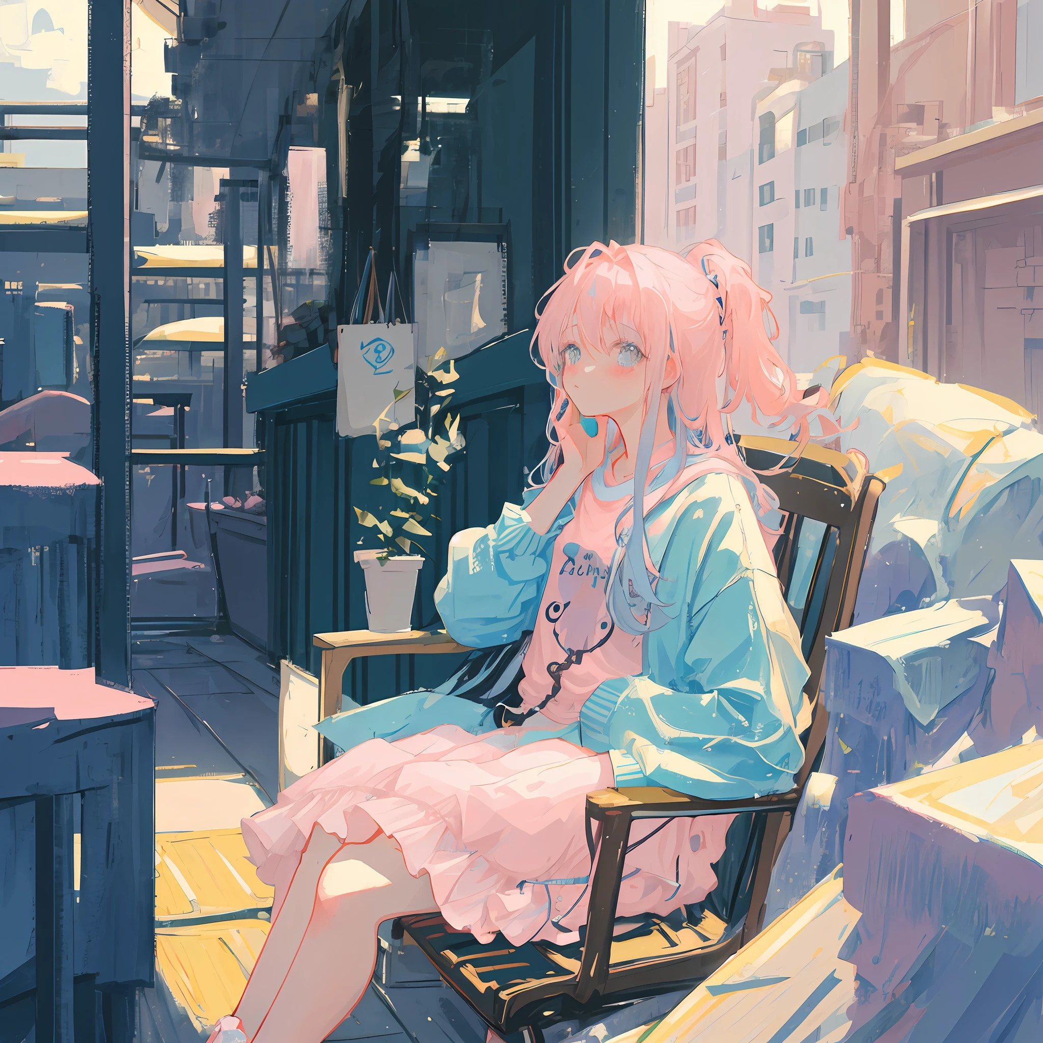 A girl with long light blue hair,soft pink colour clothes, holding left hand to her face, bored, sitting on chair.