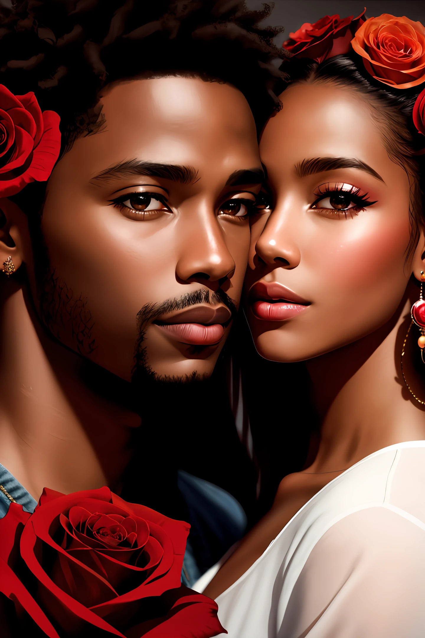 realistic portrait of cute african american man and woman
in a red ship with roses, deep adrift in the sea. close-up, product view, detailed facial details, perfect face, trend art, sharp facial details, cgsociety, ultra-quality digital art, hyper-exquisite details, 4k, 8k soft lighting, dreamy, fashion, unreal engine rendering - -air 2:3