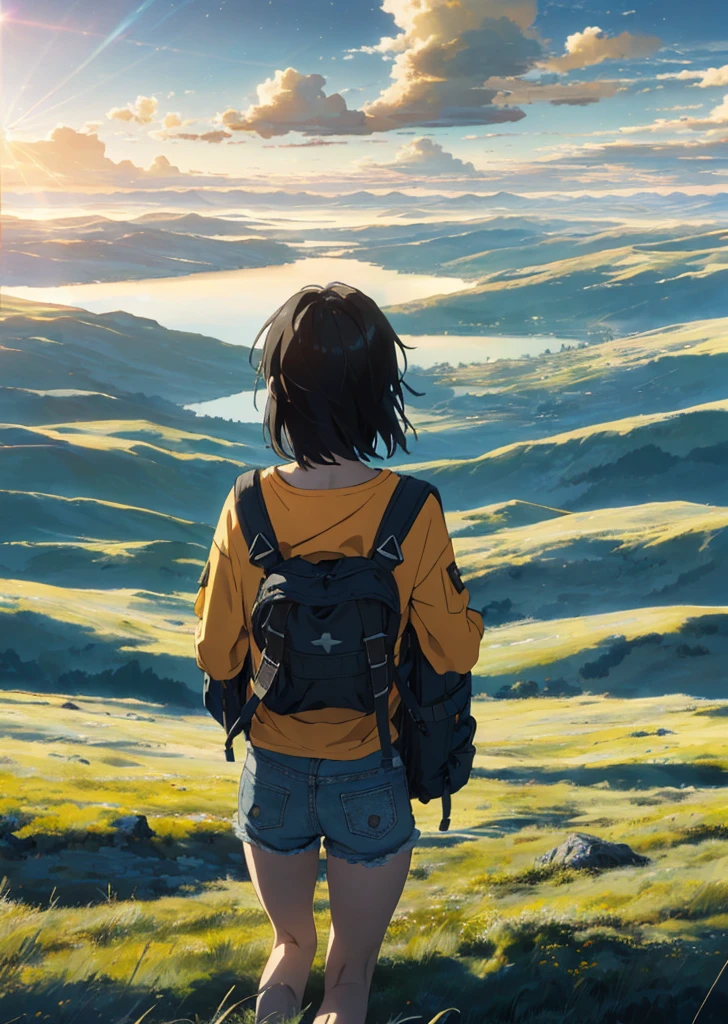 ((vast sky)), beautiful skyline, large grasslands, ((very tense)) and (dramatic)) pictures, ((moving))((visuals)), ((hanging North Star)), ((colorful)) natural light. ((long-sleeved top)) (denim shorts) | ((Back Backpack)) (Girls)