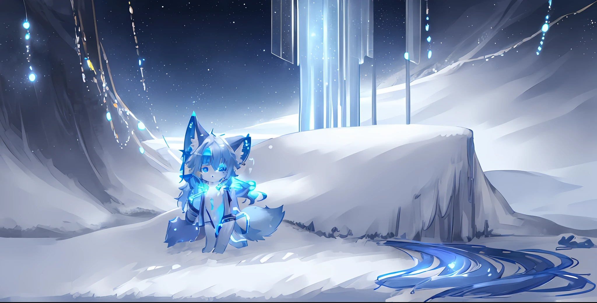 shota, long hair, space eye, glow eye, femboy, noen city, snowfall, midnight, fox ear, deep blue ear, fox tail, deep blue fox, deep blue jacket, cute, collar, Two tail, space katana, god , fur body, full body, the lower body is naked, snow fox, character, master piece, fluffy tail, current, shy, NFSW, Highest Quality, 8k, full HD, four ear fox, winter, oc, nude, soul fox blue,