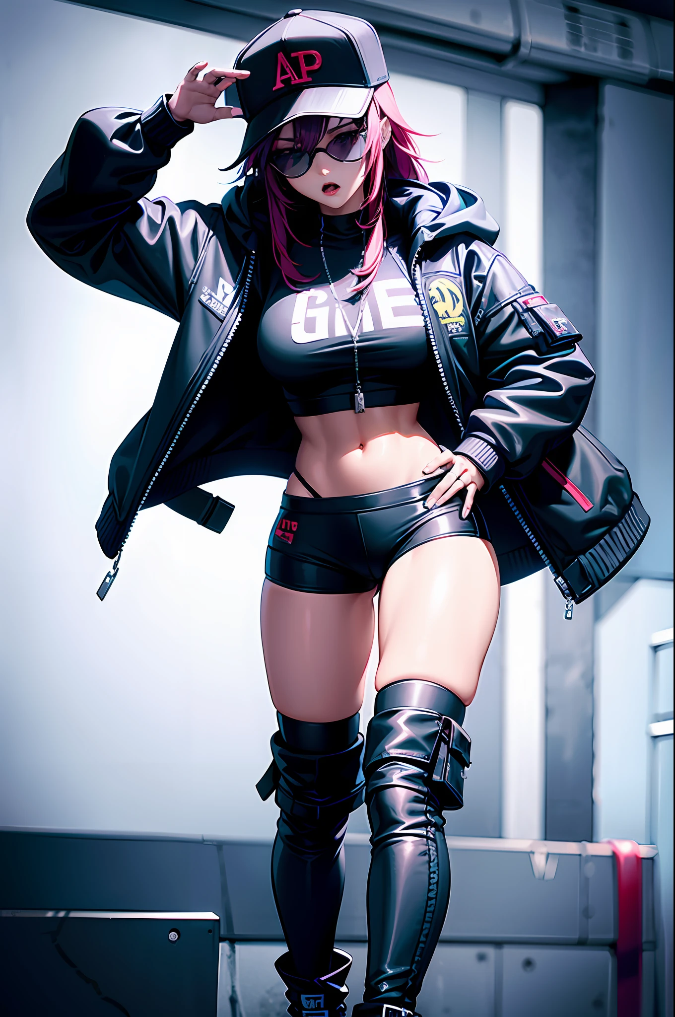 badass arogant hip hop gangsta angry very arrogant rich girl in stylish hat and ghetto hoodie, she is wearing badass streetwear, in tech clothes, in, cyberpunk streetwear, portrait of , 2 bit tech Clothing wearing space techwear jwearing cyberpunk streetwear gangsta hip hop street fashion gang signs