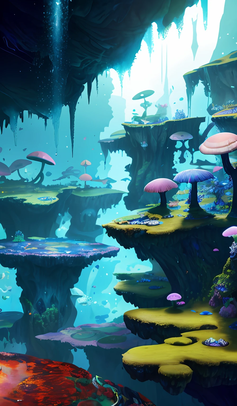 ((perspective)) microscopic world, vista, underwater fantasy,((masterpiece)), best quality, high quality, ((extremely detailed CG unity 8k wallpaper)),(fantasy), complex background, underwater fantasy world, fish school, Glowing jellyfish, colorful, (abyss)), staggered stone platforms in the abyss, glowing undersea plants, 3D digital painting, award winning photography, bokeh, depth of field, HDR, chromatic aberration, photorealistic, extremely detailed, artstation Trends on CGsociety, Intricate, High Detail, dramatic, art by midjourney, --v 6