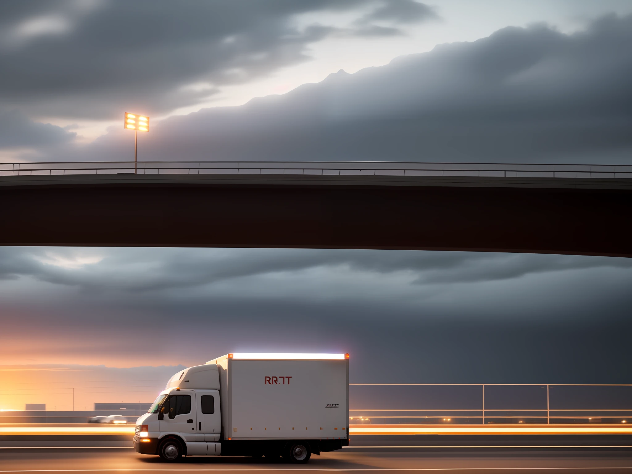 1RPTR side view, white delivery truck, on the highway, driving fast, (motion blur:1,2), LEDs, lights, RTX reflections, parking lights, twilight, award-winning masterpiece, sunset, cloudy sky, natural light, sharp focus, smooth, intricate details, 8K wallpapers, popular on ArtStation