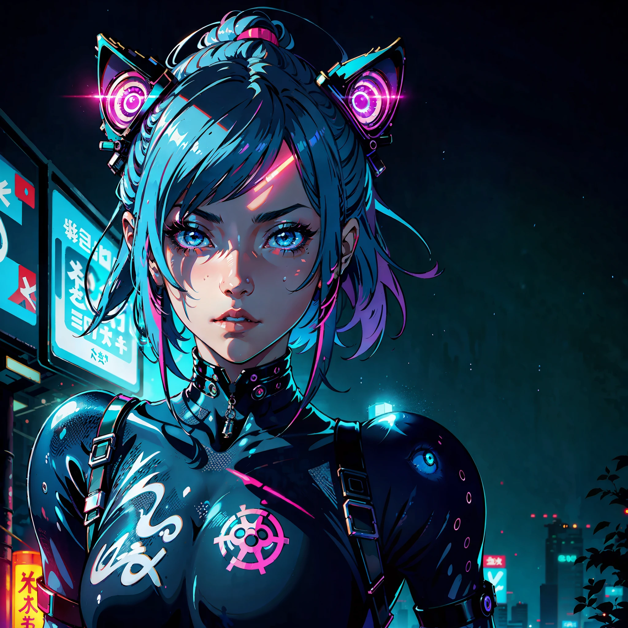 1girl, solo, one girl , tattoo, futuristic outfit, neon samurai, very beautiful cyberpunk samurai, cyberpunk samurai, style of ghost blade, victo ngai cyberpunk style, neon cyberpunk style, cyberpunc, neon cyberpunk, technomancer, video game character, synthwave image, cyberpunk voodoo, neon glow concept art,moon, lantern, night, solo, outdoors, sky, full moon, rain, mountain, cloud, paper lantern, night sky, bangs, tree, reflection, cloudy sky,  {{(masterpiece),(extremely detailed CG unity 8k wallpaper),best quality,solo,cinematic lighting,detailed background,beautiful detailed eyes,bright pupils, (an extremely delicate and beautiful),(Beautiful and detailed eye description),ultra-detailed,masterpiece,}},  detailed eyes, beautiful eyes, realistic eyes, nice eyes, perfect eyes, Cat mask on the head