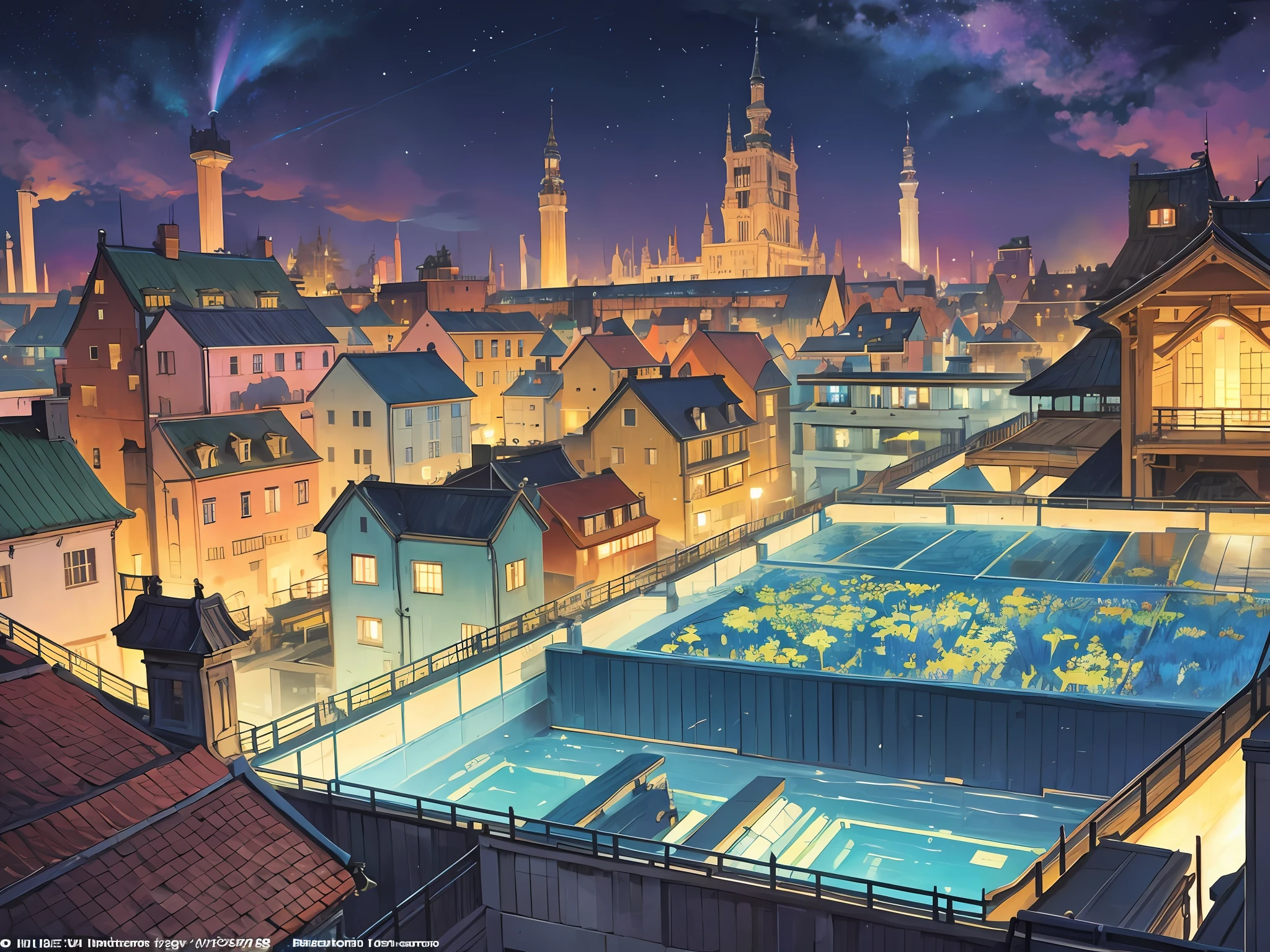 Color (Fantasy: 1.2), (Hayao Miyazaki style), sky city, (irregular building floating in the air), patchwork houses, flower decorations, lights, concept art inspired by Andreas Rocha, Artstation contest winner, fantasy art, ross tran, light shafts, realistic lighting, masterpiece, high quality, beautiful graphics, high detail, masterpiece, high quality, beautiful graphics, high detail, --v6