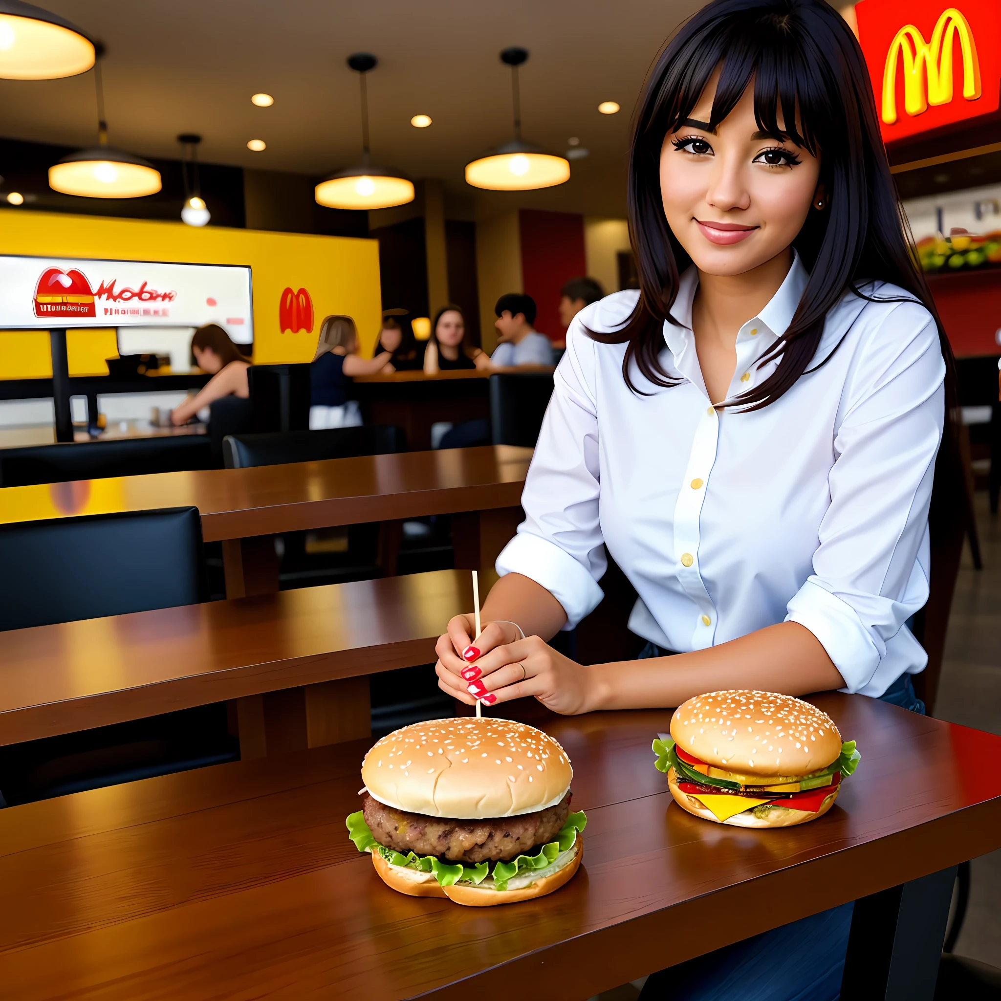 a beautiful woman ((sitting at a table about to eat a hamburger)), medium hair, black hair, McDonald's background, inside McDonald's, 8k uhd, dslr, soft lighting, high quality, film grain, Fujifilm XT3
