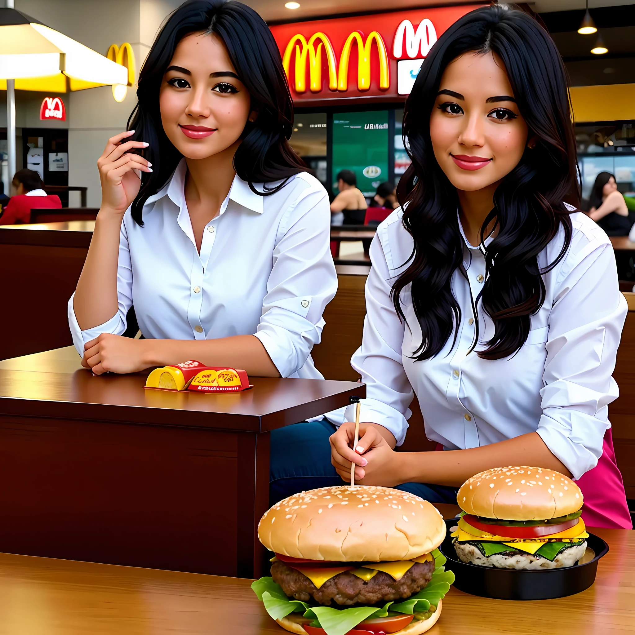 a beautiful woman ((sitting at a table about to eat a hamburger)), medium hair, black hair, McDonald's background, inside McDonald's, 8k uhd, dslr, soft lighting, high quality, film grain, Fujifilm XT3
