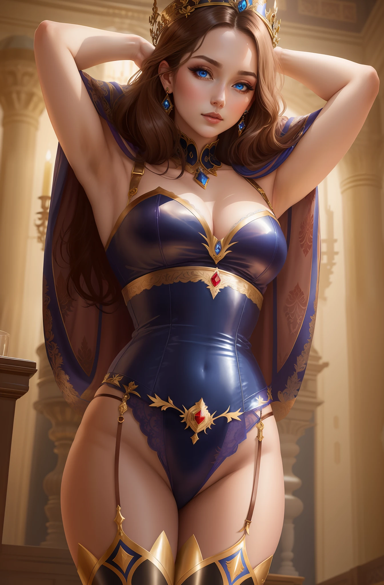 A beautiful empress in fantasy, arms raised behind her head, wearing leather lingerie, perfect lighting enhancing the body, inside a castle room, blue eyes, brown hair, crown and earrings, makeup and dark eyeliner, proportional body, looking at camera, camera slightly from bottom to top