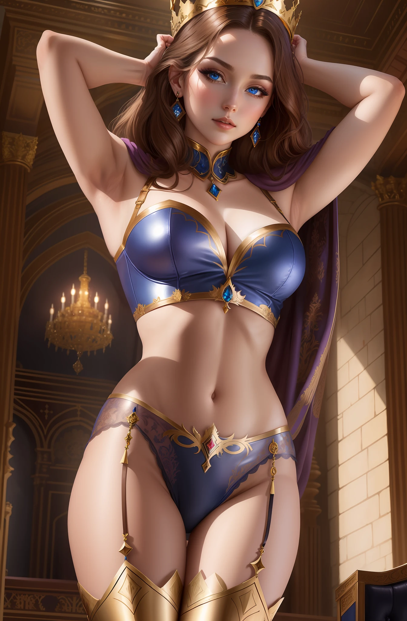 A beautiful empress in fantasy, arms raised behind her head, wearing leather lingerie, perfect lighting enhancing the body, inside a castle room, blue eyes, brown hair, crown and earrings, makeup and dark eyeliner, proportional body, looking at camera, camera slightly from bottom to top