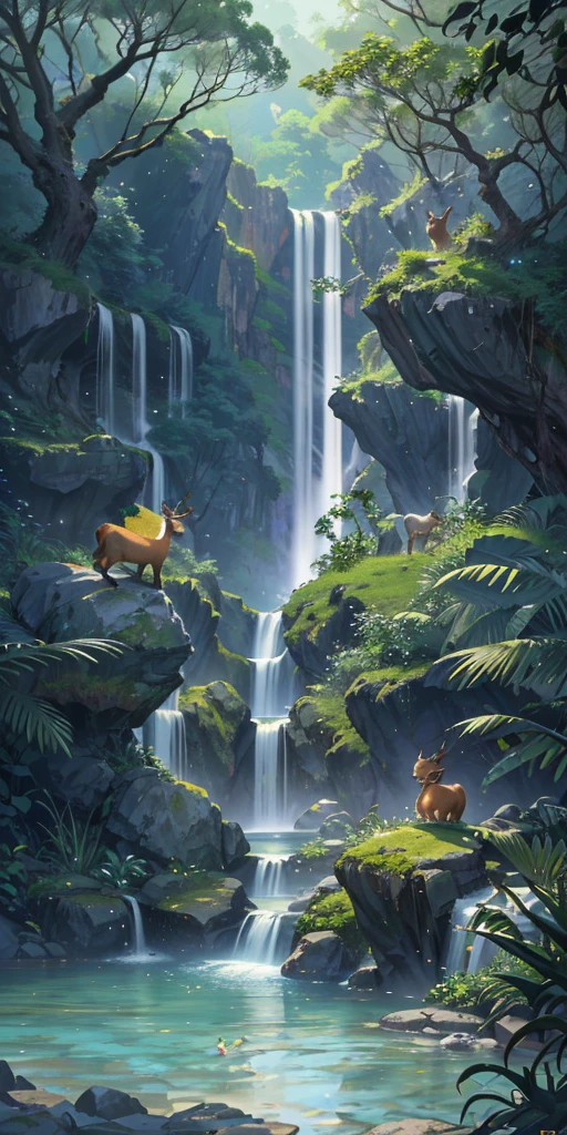 Chinese ancient times, spring, jungle, lake, cave, waterfall, tree, meadow, rock, deer, hot spring, water vapor, (illustration: 1.0), epic composition, realistic lighting, HD details, masterpiece, best quality, (very detailed CG unified 8k wallpaper)