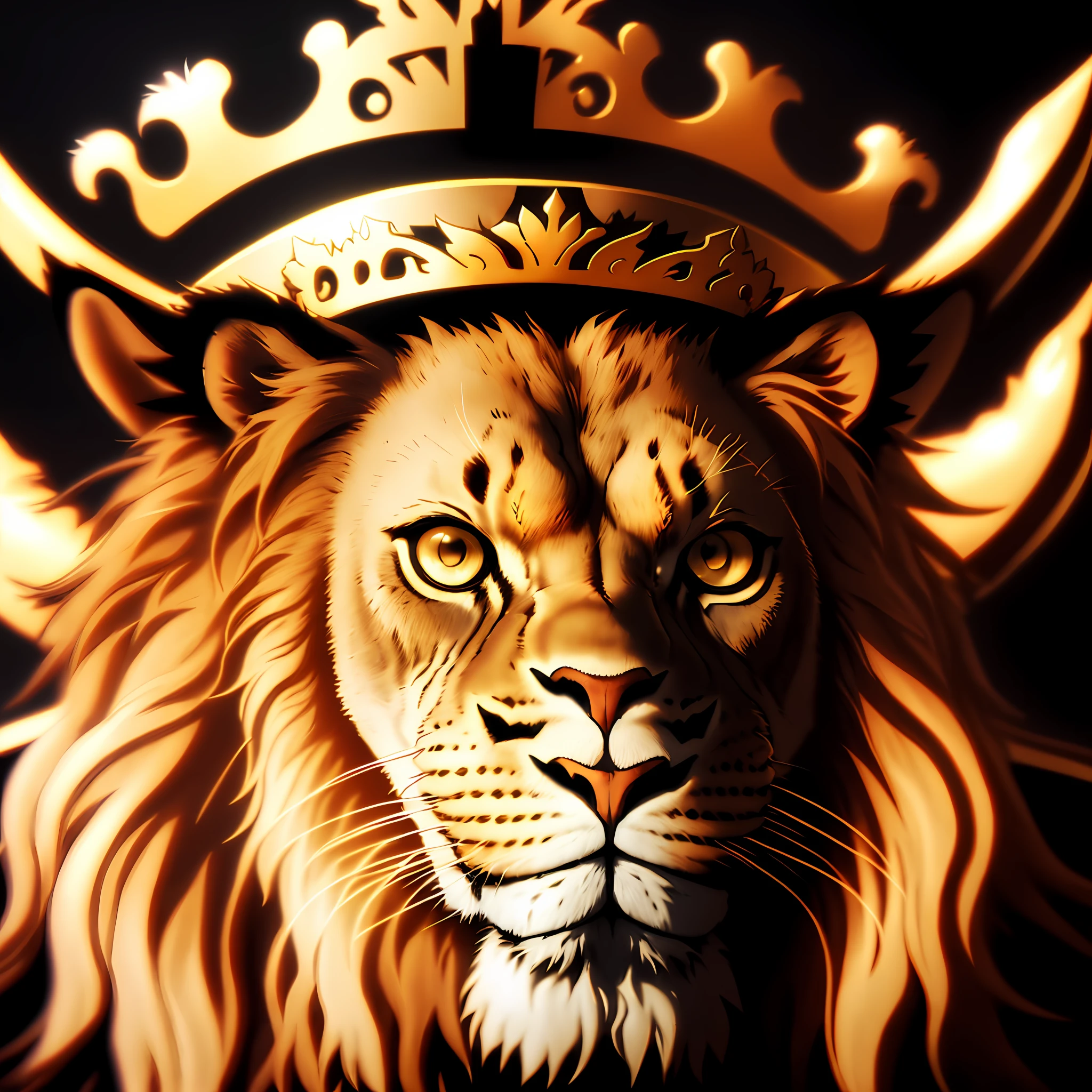 A closeup of a lion head on a crown on a black background, lion icon, lion with crown, king, created in Adobe Illustrator, 3d, silhouette, logo
