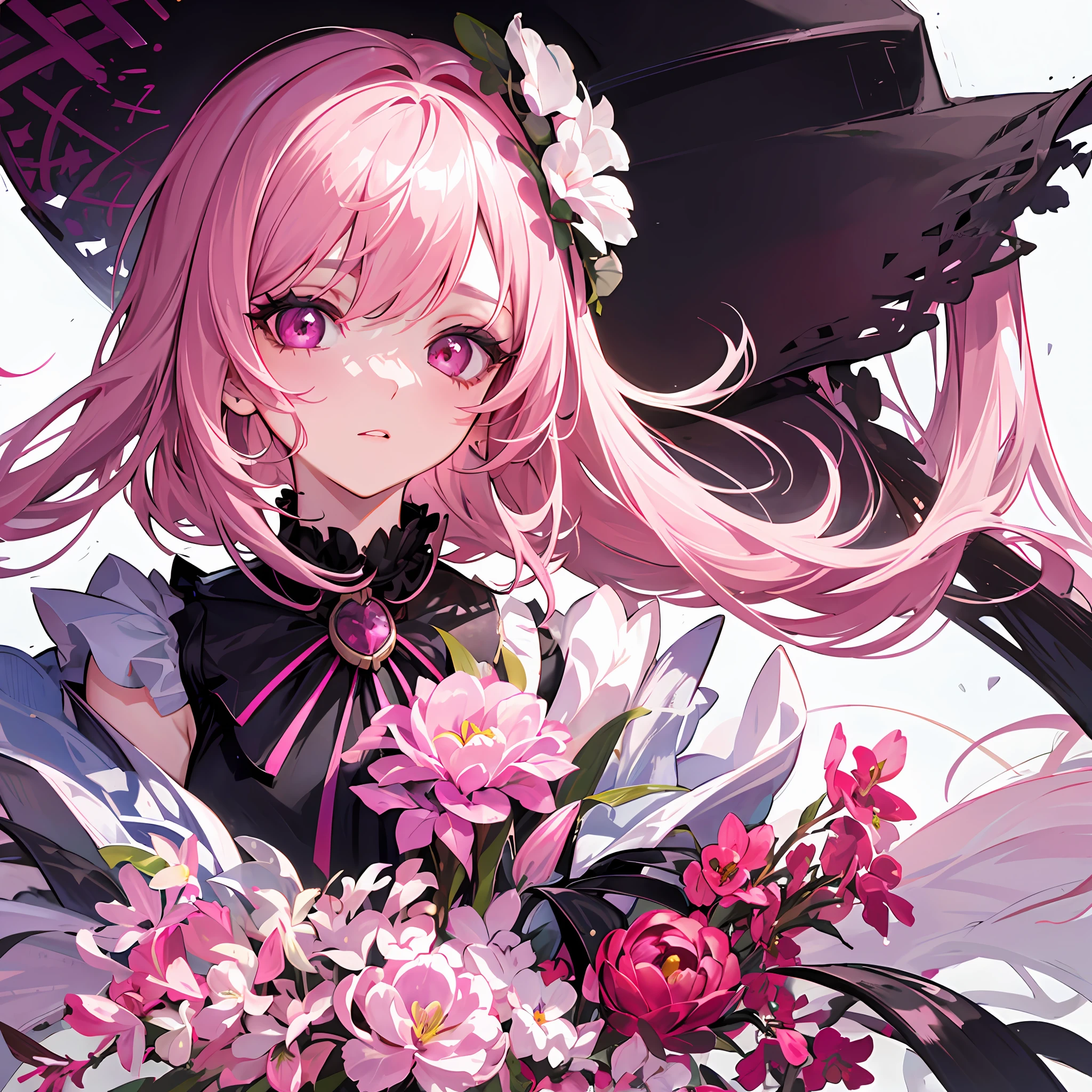 1girl, extreme + absolutely beautiful + meticulous_face, extreme + absolutely beautiful + meticulous_eyes, upper body, close-up, solid color background, sketch, solid color, simple background, white background, pink hair, pink eyes, pink camisole vest, hand bouquet, tulip,