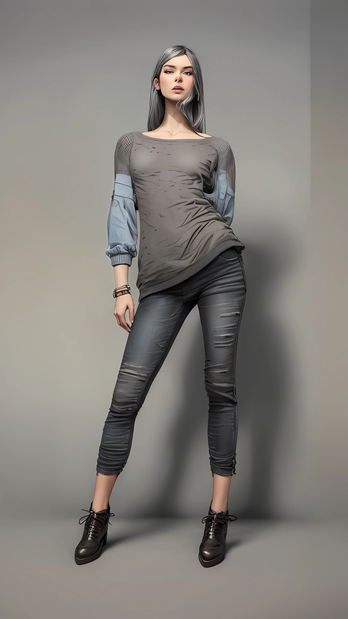 Modern clothes, denim black jeans, grey jersey