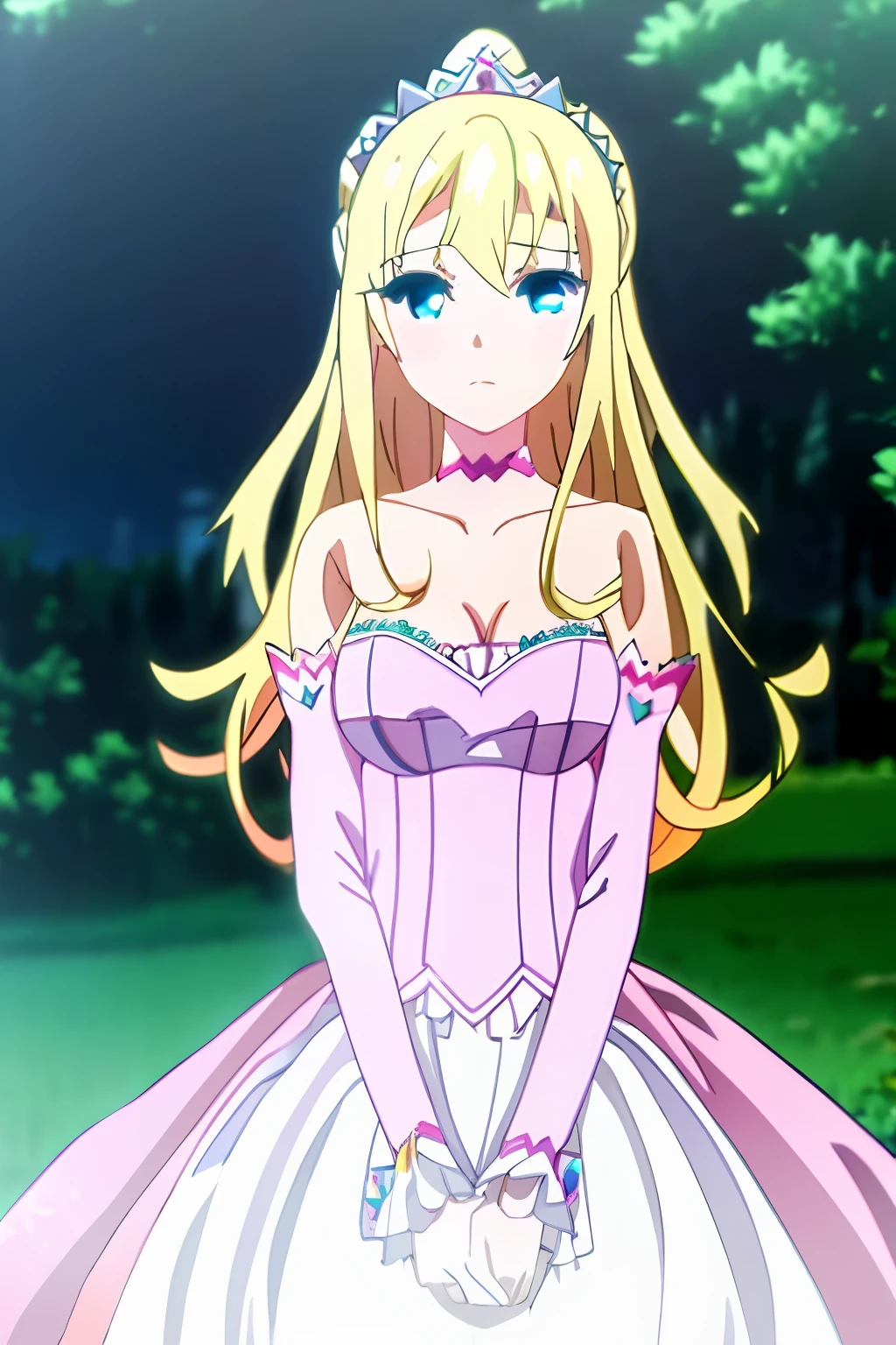 masterpiece, best quality, anime art style, liliana, long flowing blonde hair, ((((blue eyes)))), ((((largué breasts)))), pink dress, crown, full body