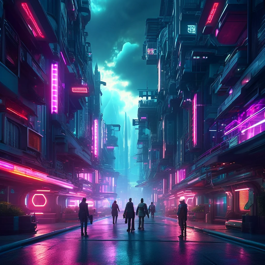 A masterpiece, of the best quality, (very detailed CG Unity 8k wallpaper), (best quality), (best shading), futuristic city, clouds, vegatation, futuristic city with neon lights and people walking on the street, in a futuristic cyberpunk city, busy cyberpunk metropolis, futuristic cyberpunk city, futuristic cyberpunk scenario, sci-fi digital art illustration, futuristic digital painting, arstation and beeple highly, cyberpunk dreamscape, cyberpunk art style, futuristic art style, futuristic cityscape, futuristic city street, retrofuturistic digital painting