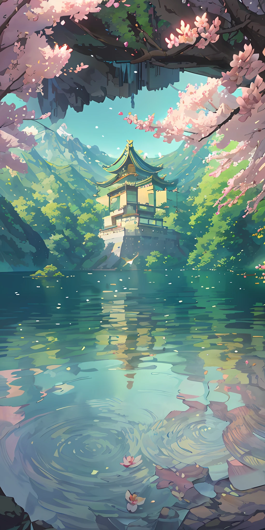 Chinese ancient times, spring, jungle, lake, cave, waterfall, tree, meadow, rock, deer, hot spring, water vapor, (illustration: 1.0), epic composition, realistic lighting, HD details, masterpiece, best quality, (very detailed CG unified 8k wallpaper)