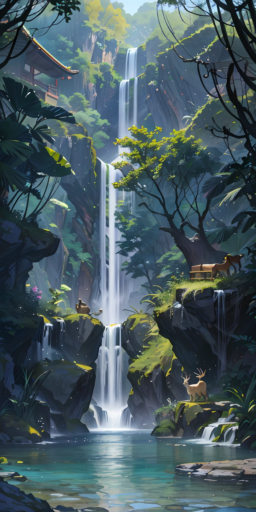 Chinese ancient times, spring, jungle, lake, cave, waterfall, tree, meadow, rock, deer, hot spring, water vapor, (illustration: 1.0), epic composition, realistic lighting, HD details, masterpiece, best quality, (very detailed CG unified 8k wallpaper)