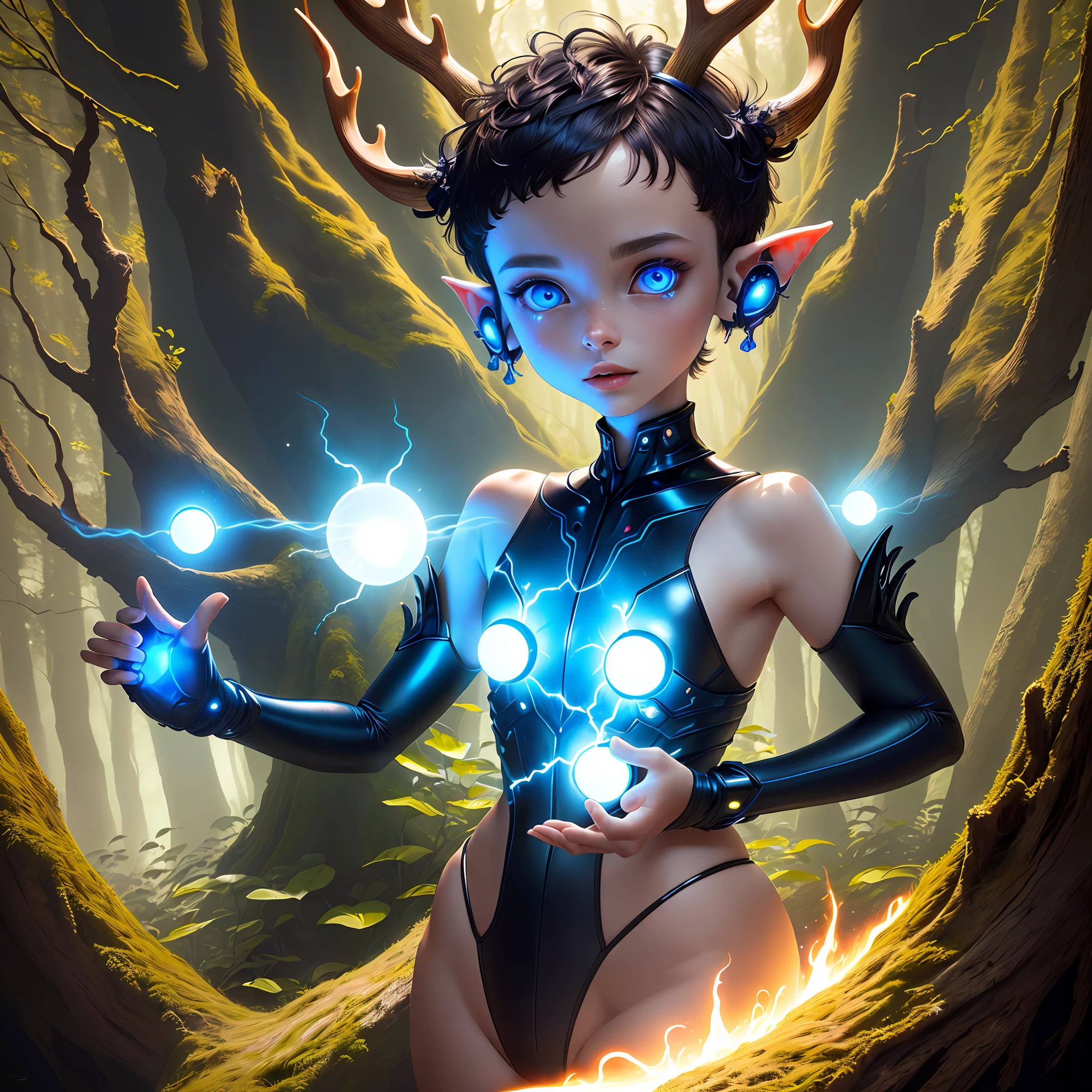 Full of short hair, female alien, small eyes, antlers, long ears, small mouth, thick lips, four fingers, blue flashing eyes, two hands, looks mild, background is bizarre woods, shining, glowing plants