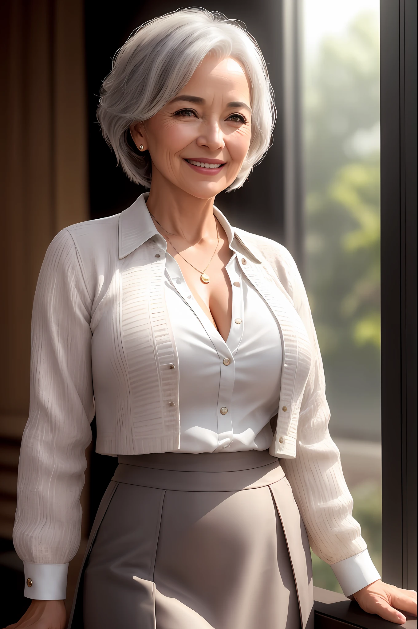 beautiful woman standing, mature, graying hair, short purple skirt, white blouse without buttons, chest exposure, contrast, texture, realism, high quality, film grain, FUJIFILM XT3, crazy detail, intricate detail, hyper detail, soft cinematic light, adobe light, photolab, complex, very detailed, muted color, crazy detail, intricate detail, hyper detail, soft cinematic light, adobe light, photolab, complex, very detailed,  Mute color, masterpiece, ((close-up portrait of a smiling mature woman) , deep wrinkles at the corners of the mouth), (backlight), (complex, octane rendering, very detailed, 8K, HDR, UHD, High Quality, Professional, Trending in Unreal Engine, ArtStation), Lens Flare, Shading, Laughter