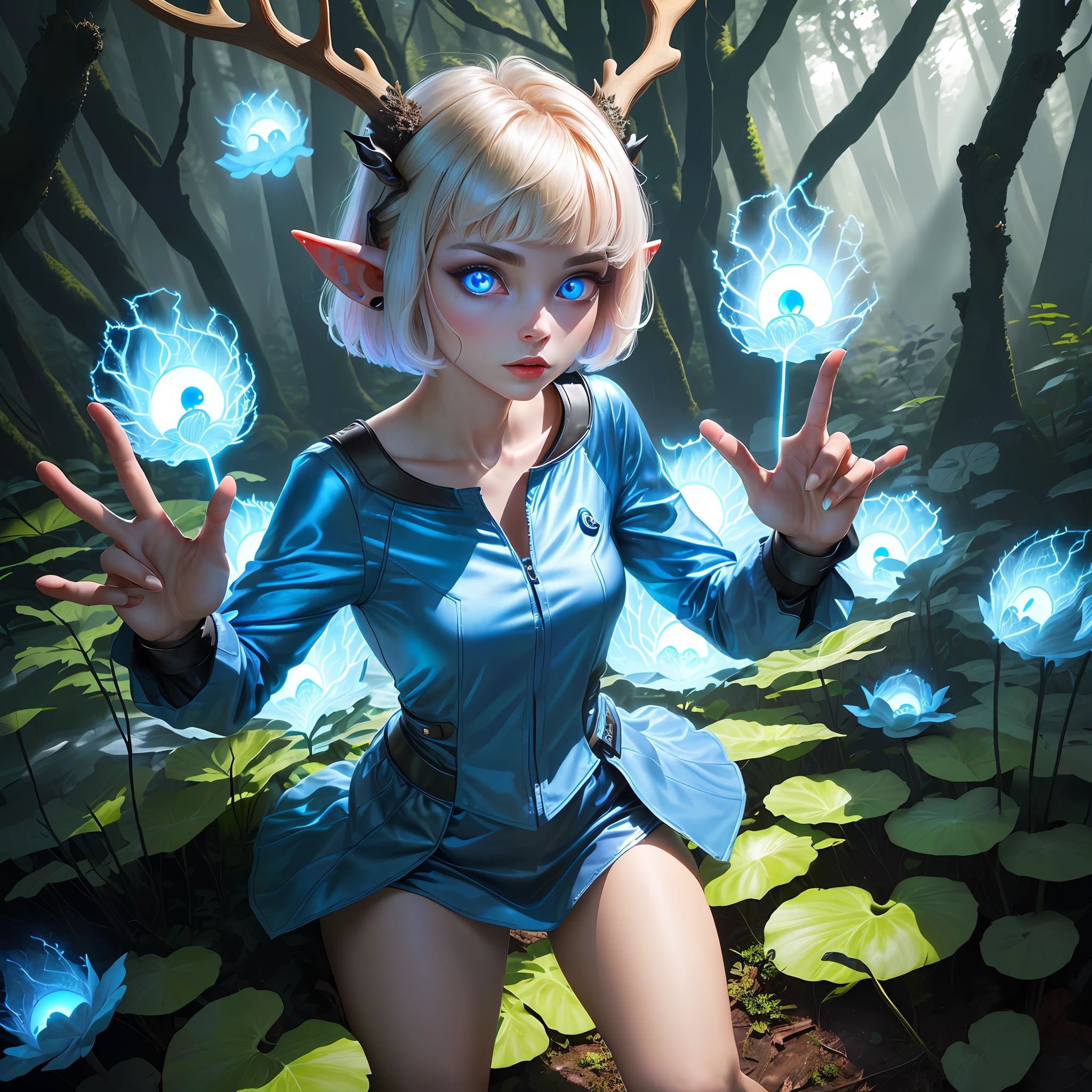 Full of short hair, female alien, small eyes, antlers, long ears, small mouth, thick lips, four fingers, blue flashing eyes, two hands, looks mild, background is bizarre woods, shining, glowing plants