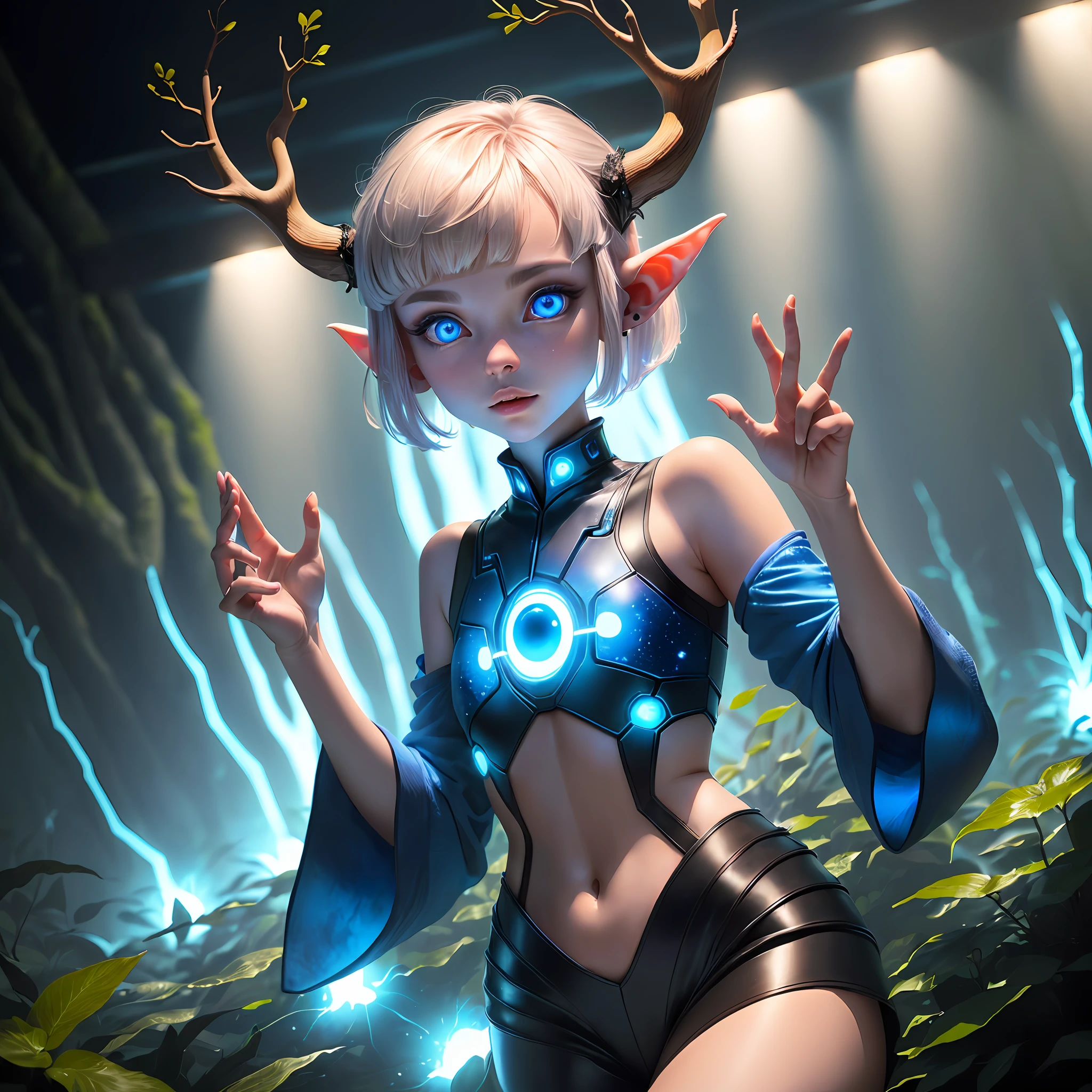 Full of short hair, female alien, small eyes, antlers, long ears, small mouth, thick lips, four fingers, blue flashing eyes, two hands, looks mild, background is bizarre woods, shining, glowing plants