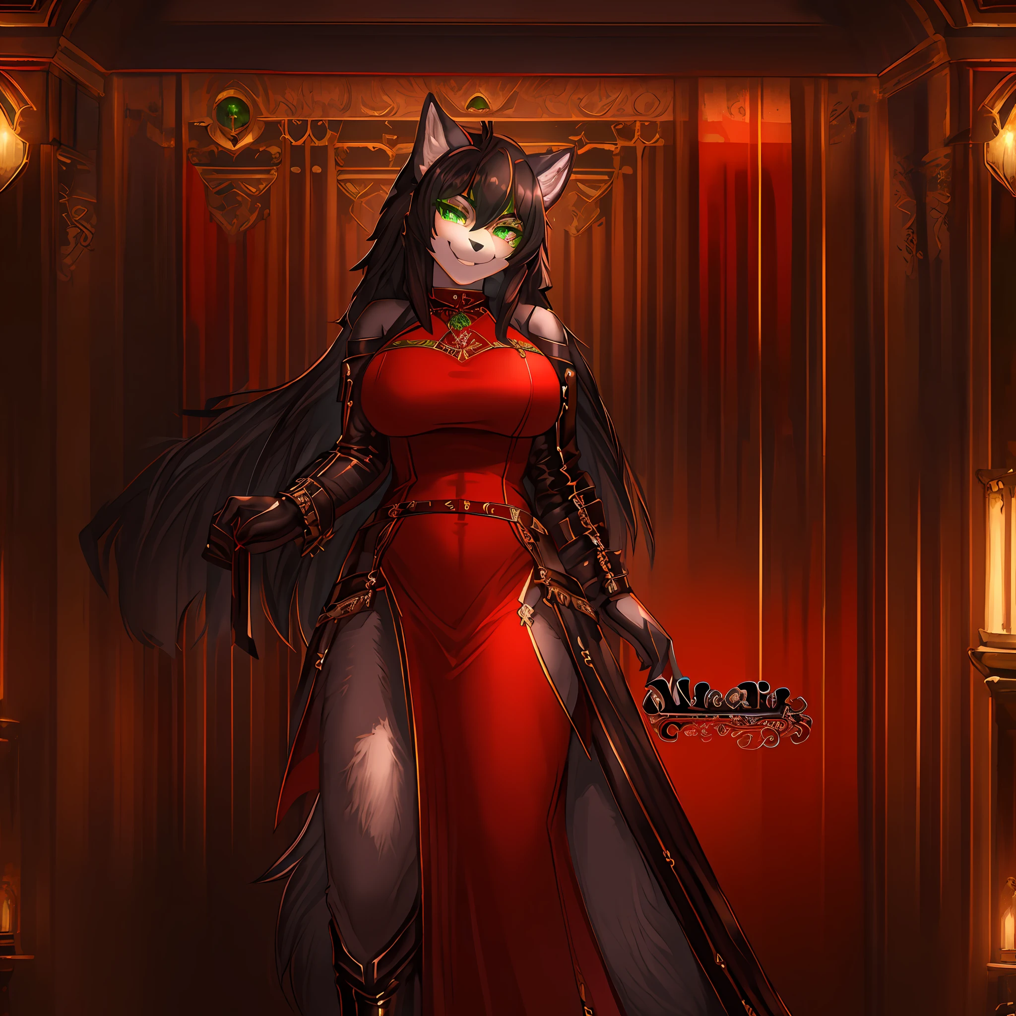 Milf Wolf,With Big Black Hair,Detailed and Perfect Green Eye,Red Dress With Leather Texture,Smiling,HD,4K,8K