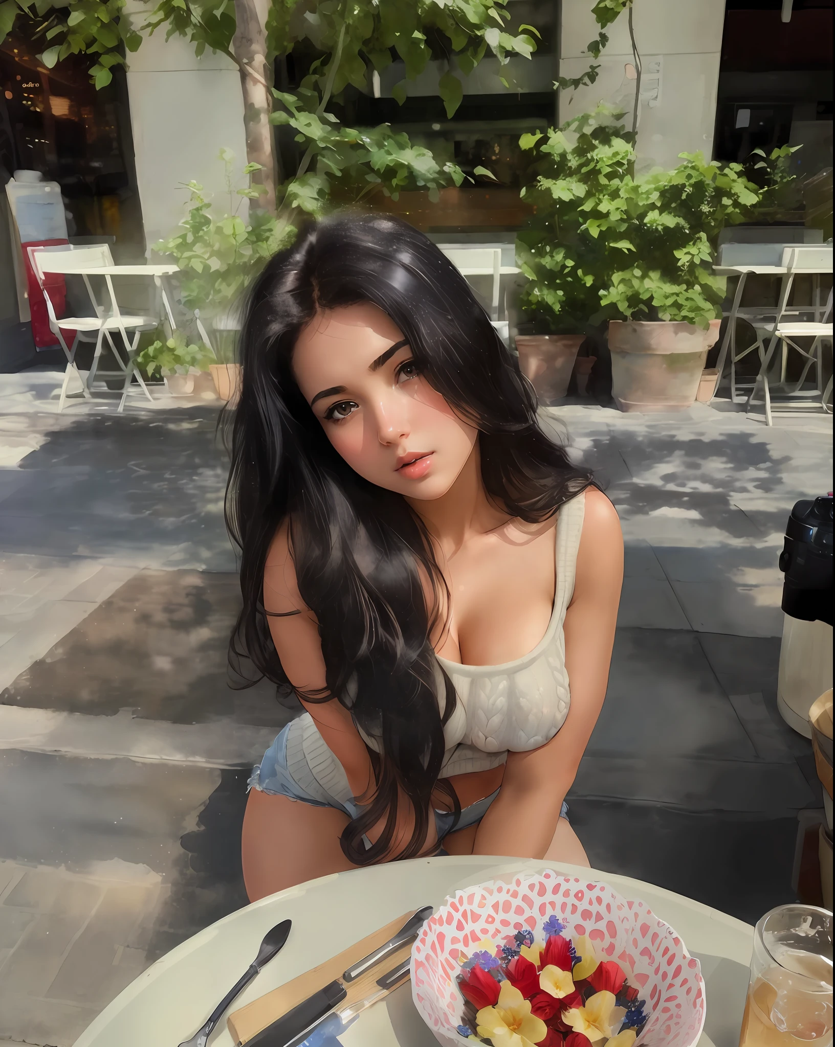 (nude), big boobs,(masterpiece), best quality, extremely detailed, (watercolor), bloom, delicate and beautiful, illustration, (from below),(1girl:1.4), (solo:1.2), large breasts, (ribbed sweater:1.3), off-shoulder sweater, (short shorts:1.2), bare shoulders, (underboob:1.2), ((dark skin:0.8)), beautiful eyes, (disheveled hair ), photography, over-the-shoulder shot, by Alex Maleev, professional, canon camera, nikon camera, sharp, bokeh, studio quality, fisheye lens, by Robert Capa ,